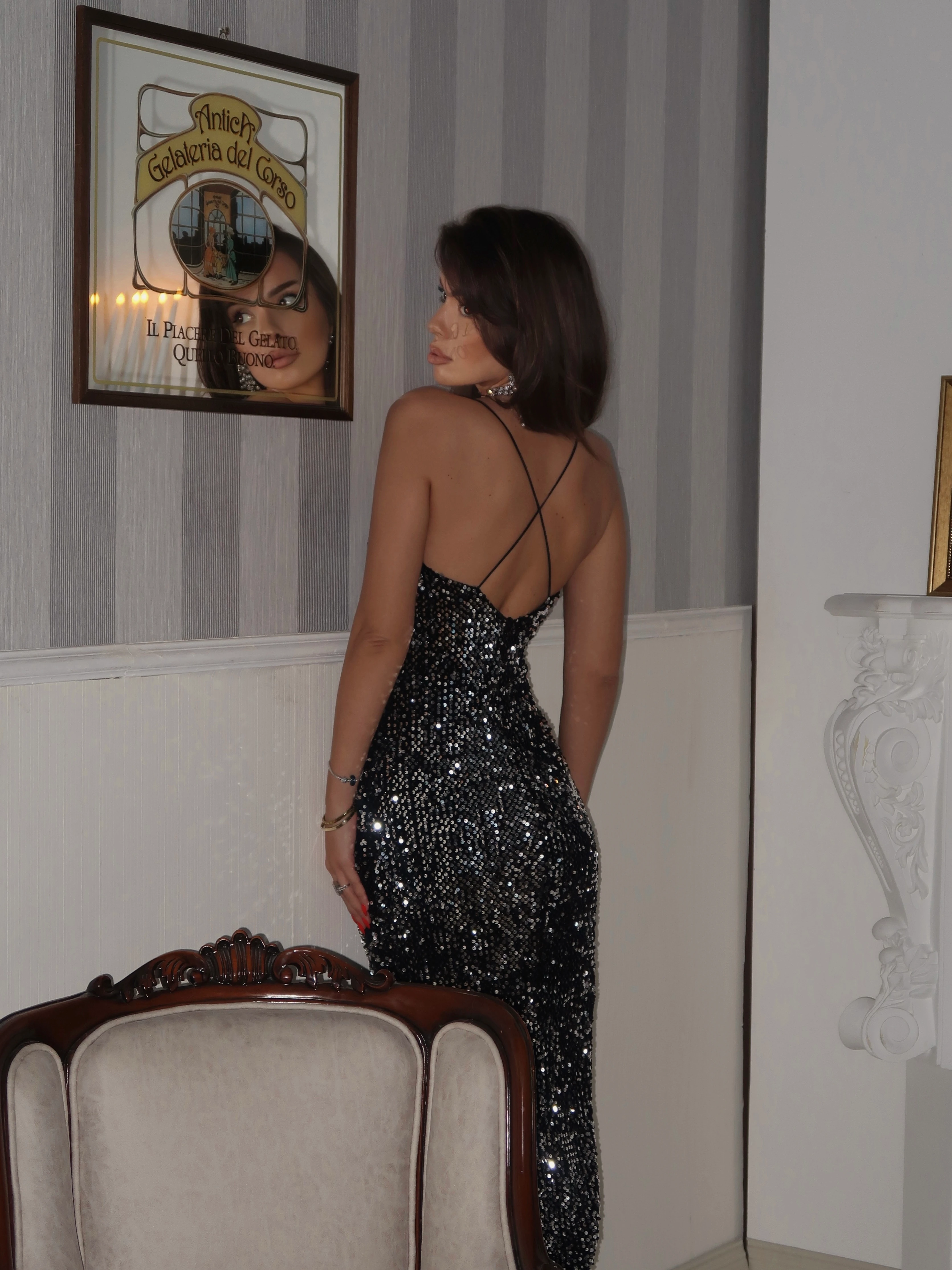 Payetli Siyah Maxi Elbise