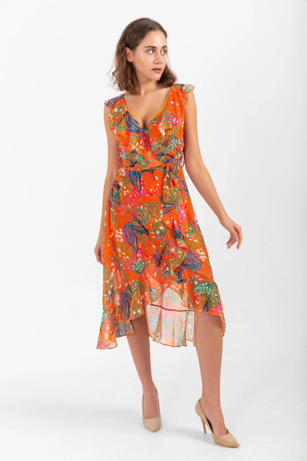 Desenli Kuşaklı Elbise