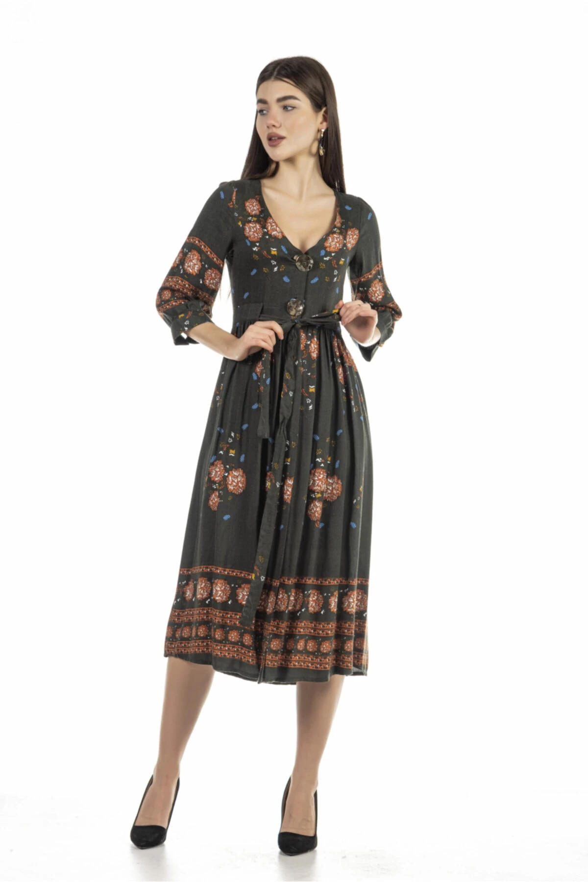 Desenli Haki Elbise