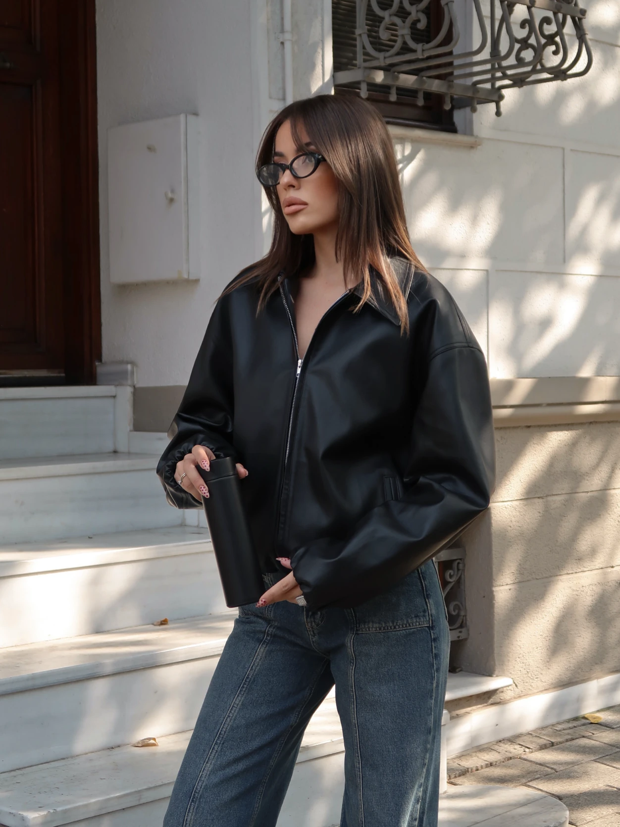 Betty Deri Fermuarlı Ceket Siyah