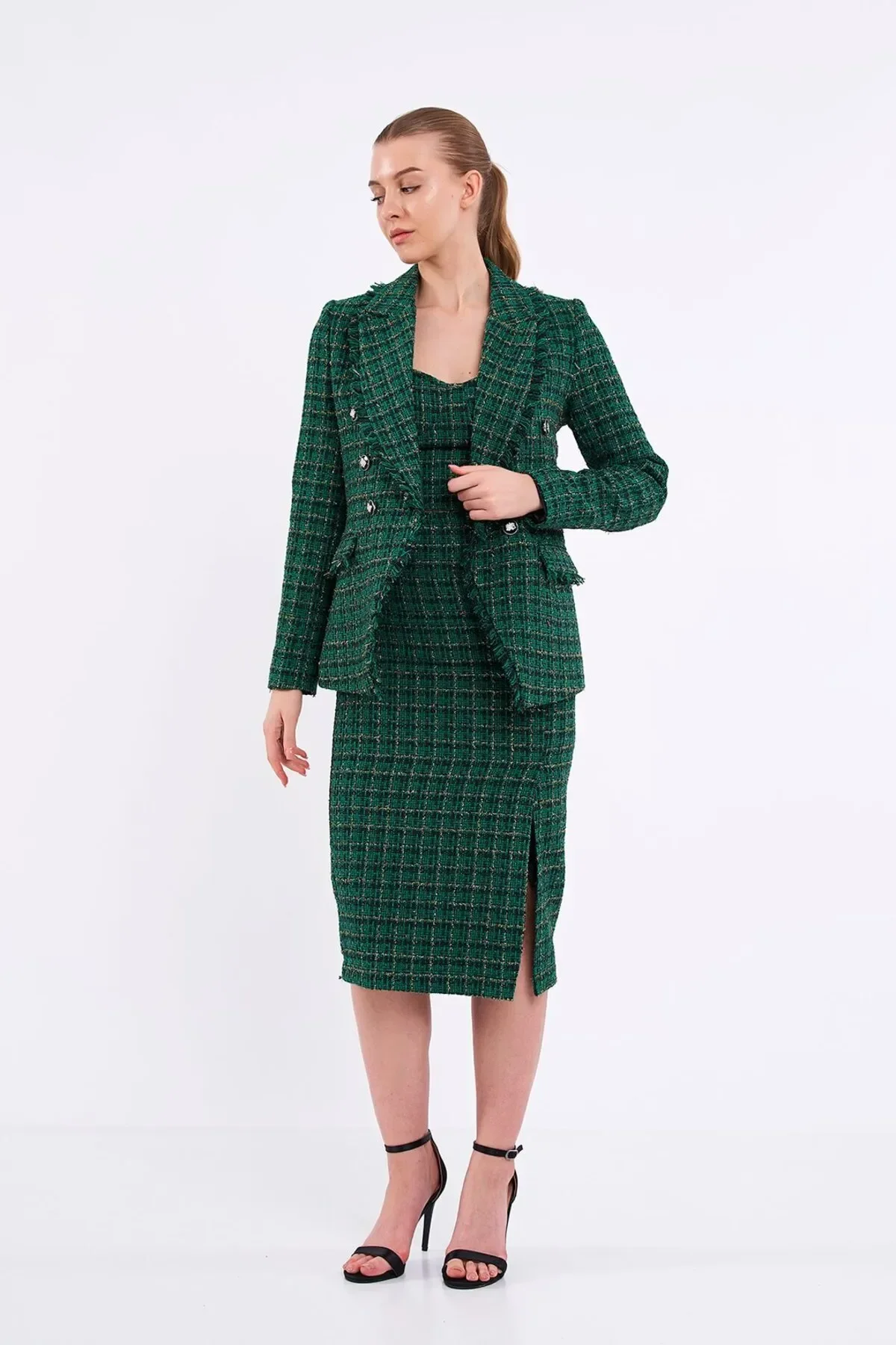 Ekose Simli Yeşil Blazer Ceket