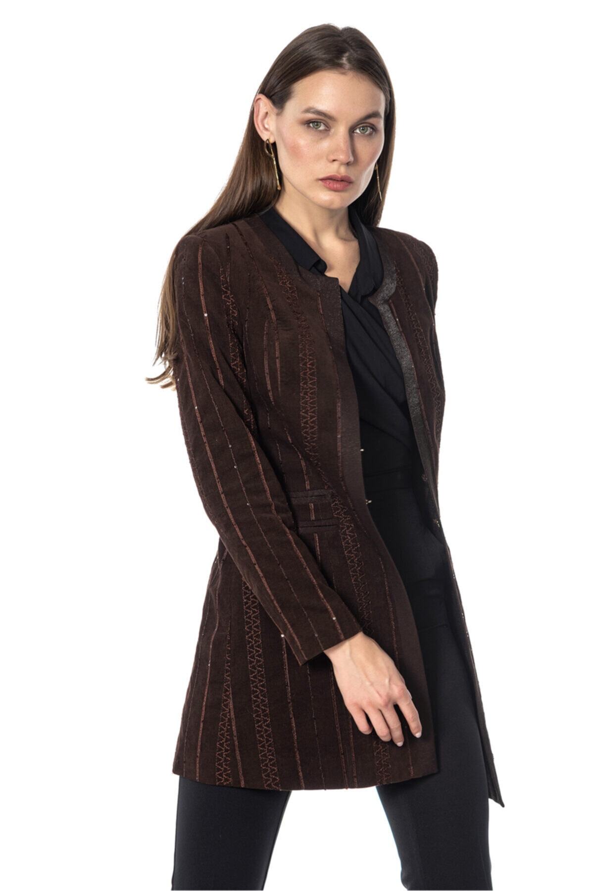 Payetli Kahverengi Blazer Kadın Ceket