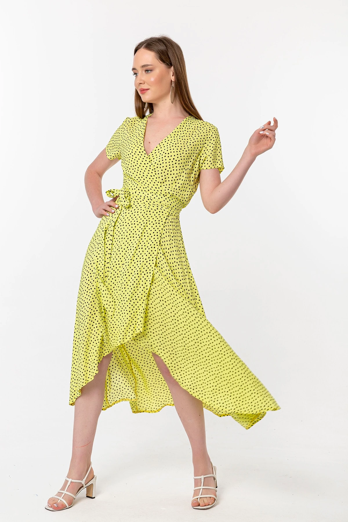 Kruvaze Yaka Sarı Elbise