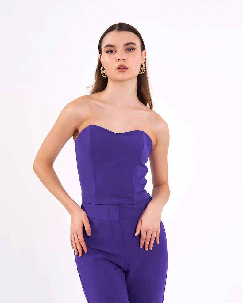 Yüksek Bel Sahte Cepli Mor Pantolon