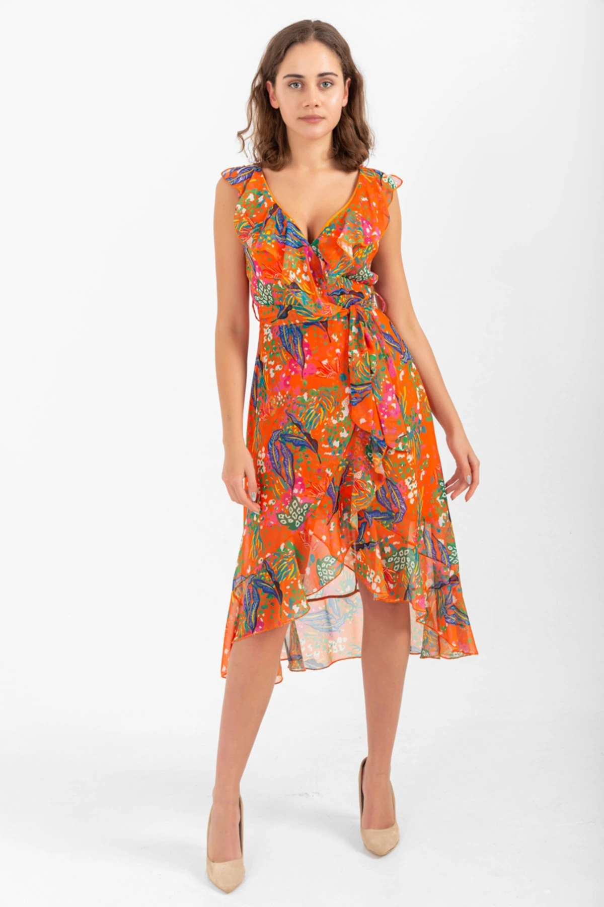 Desenli Kuşaklı Elbise