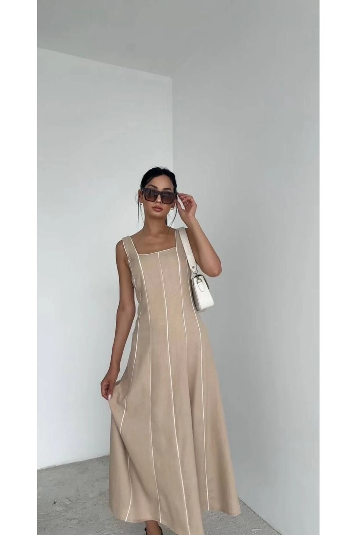 Kadın Biye Detaylı Astarlı Keten Elbise