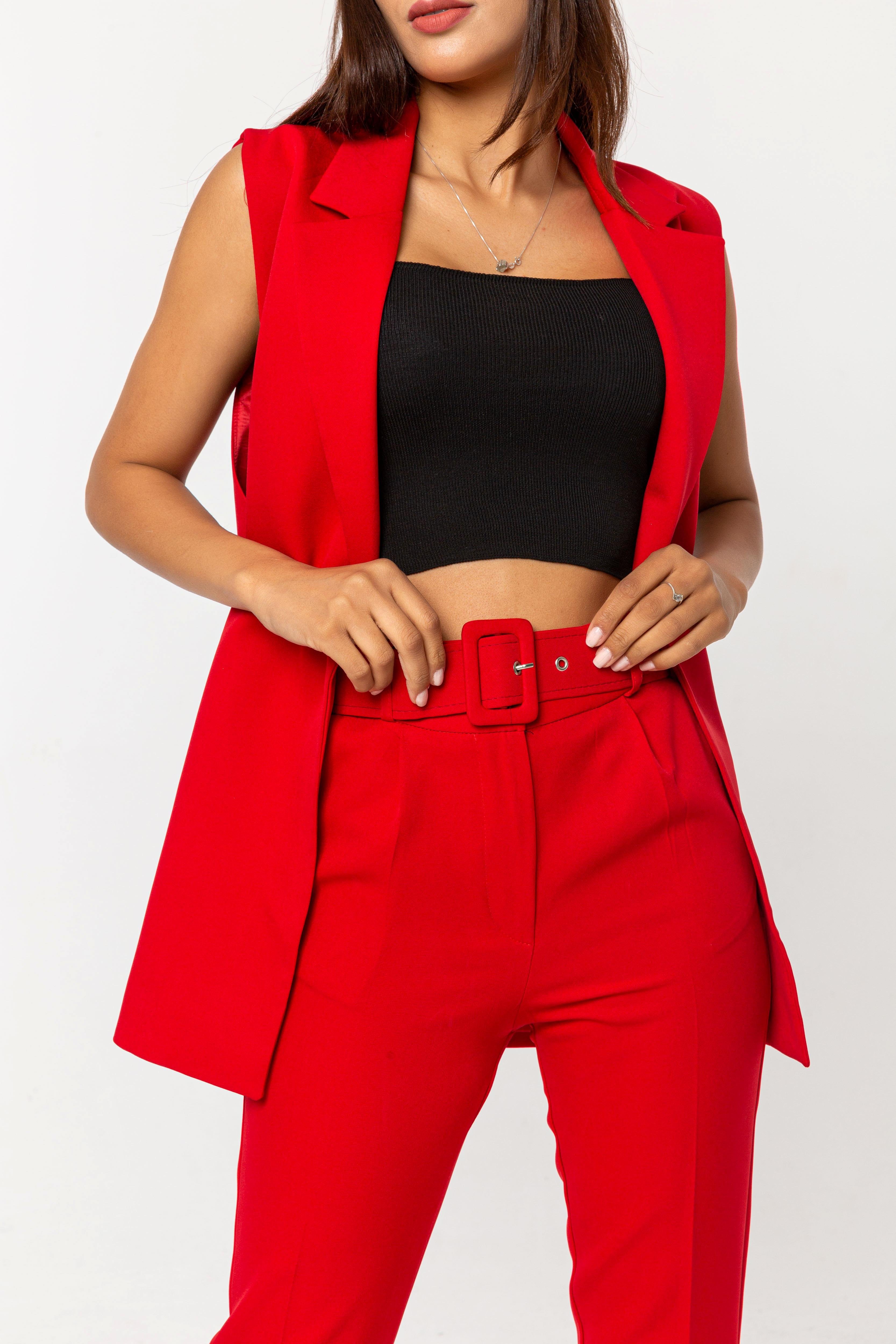 Modern Elegance Kemerli Kırmızı Pantolon