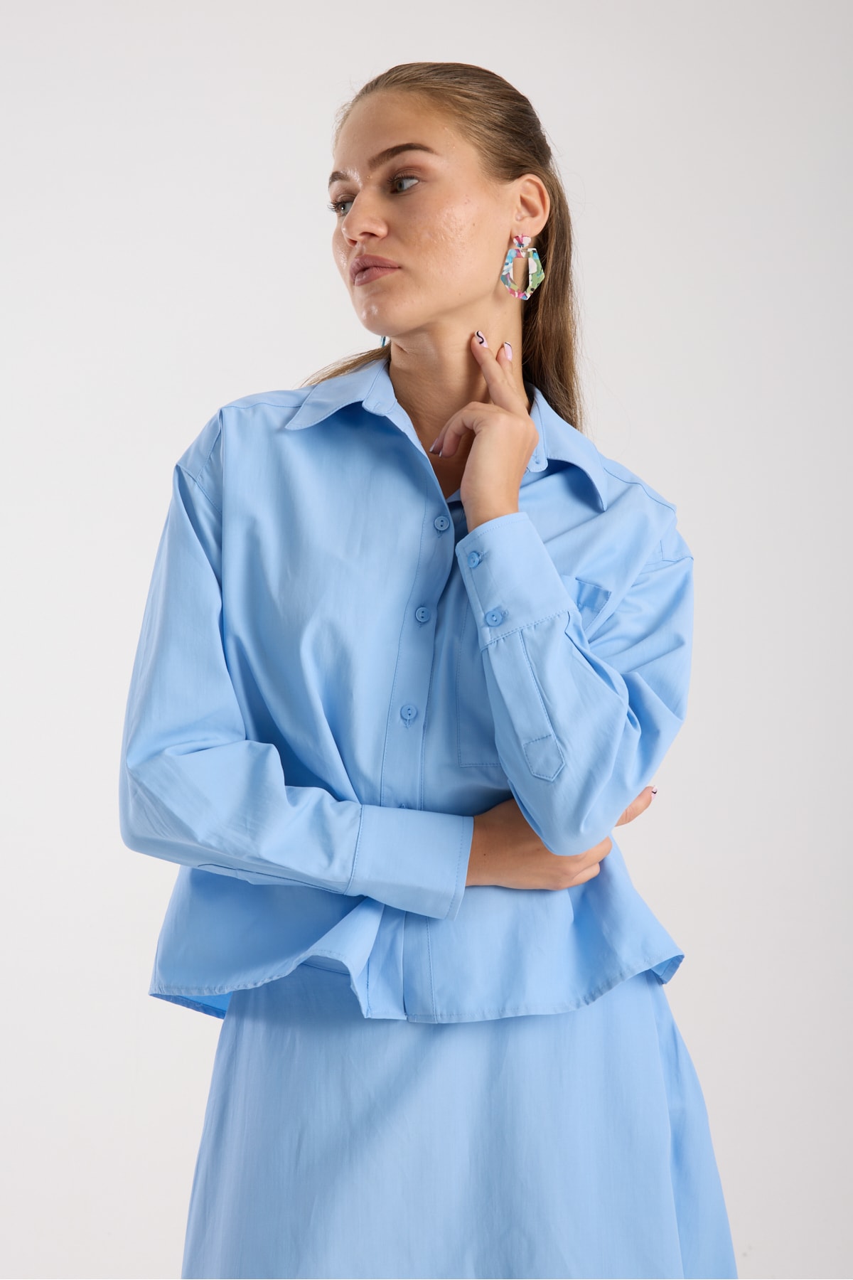 Poplin Kloş Etek ve Oversize Gömlek Ekru