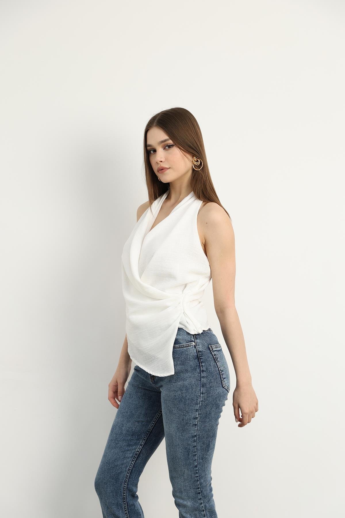 Lily Sıfır Kol Bluz Beyaz