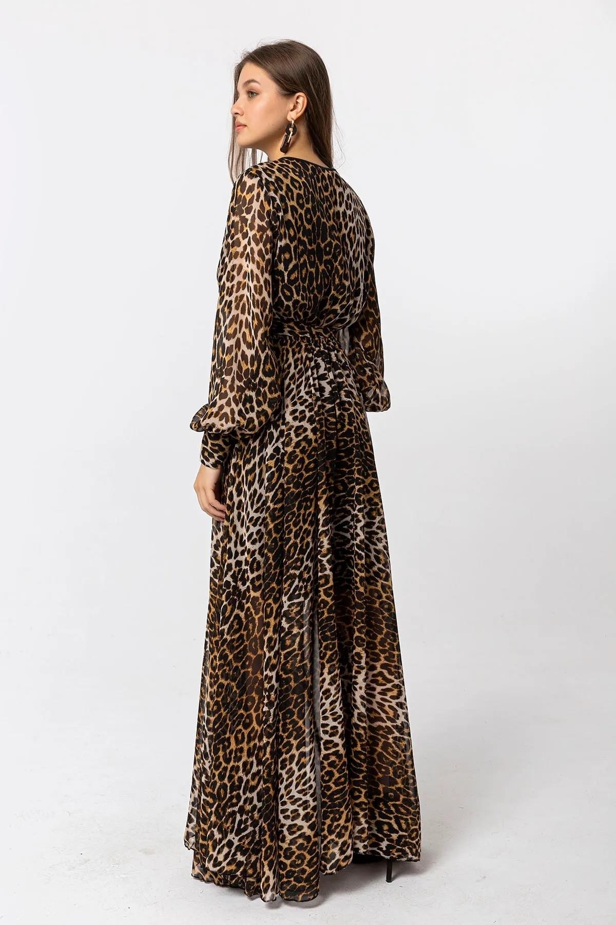 Leopar Desenli Asimetrik Şifon Elbise