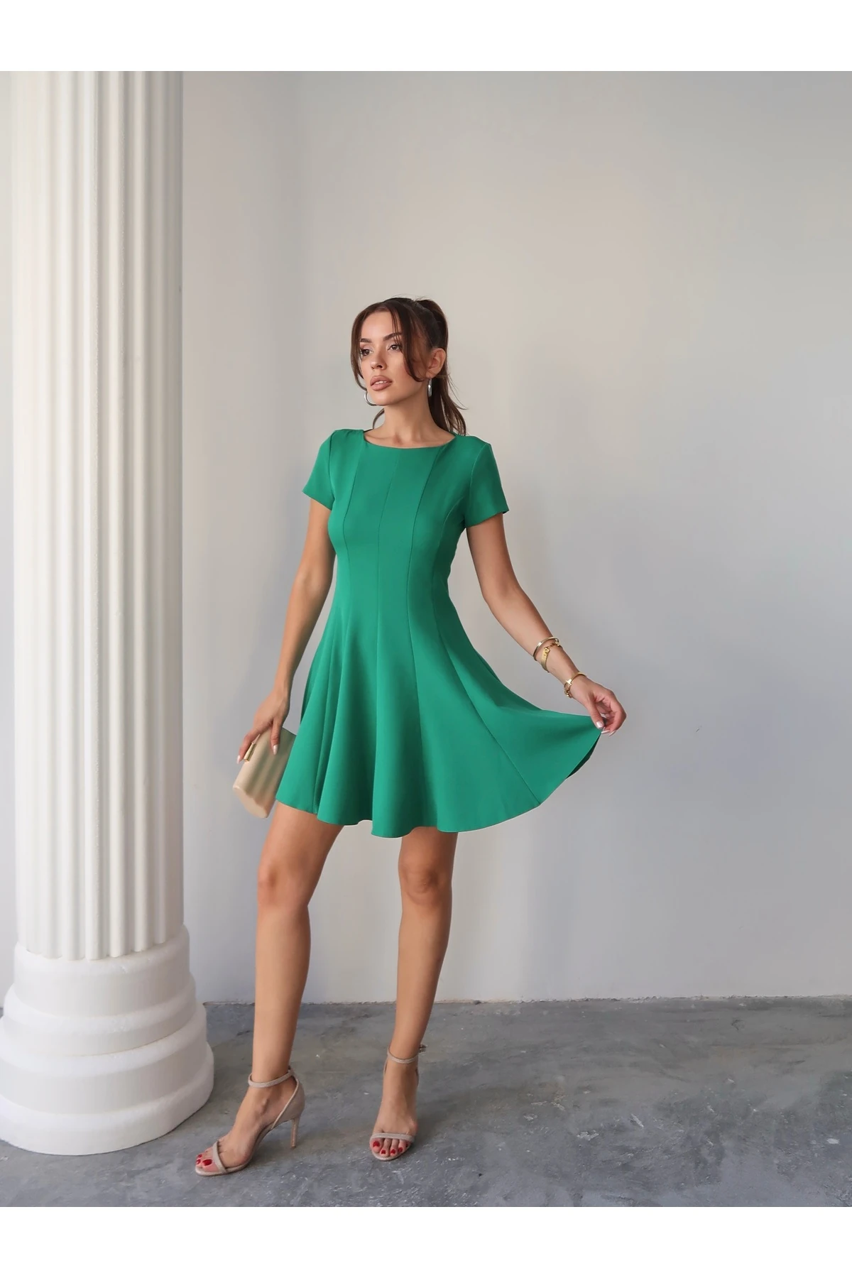 Yarım Kol Volanlı Elbise - zümrüt yeşili