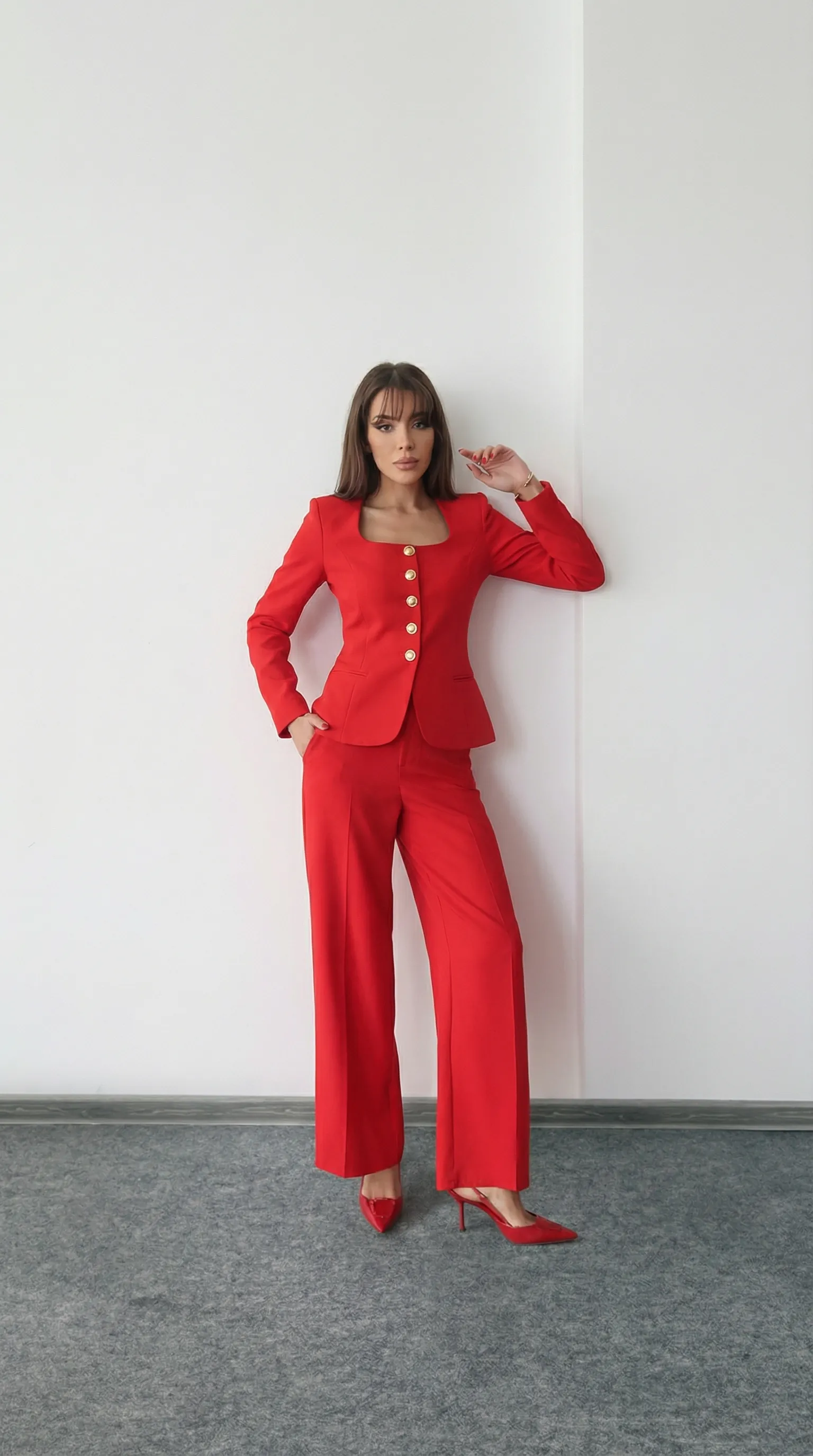 Jane Button Tailored Suit Kırmızı