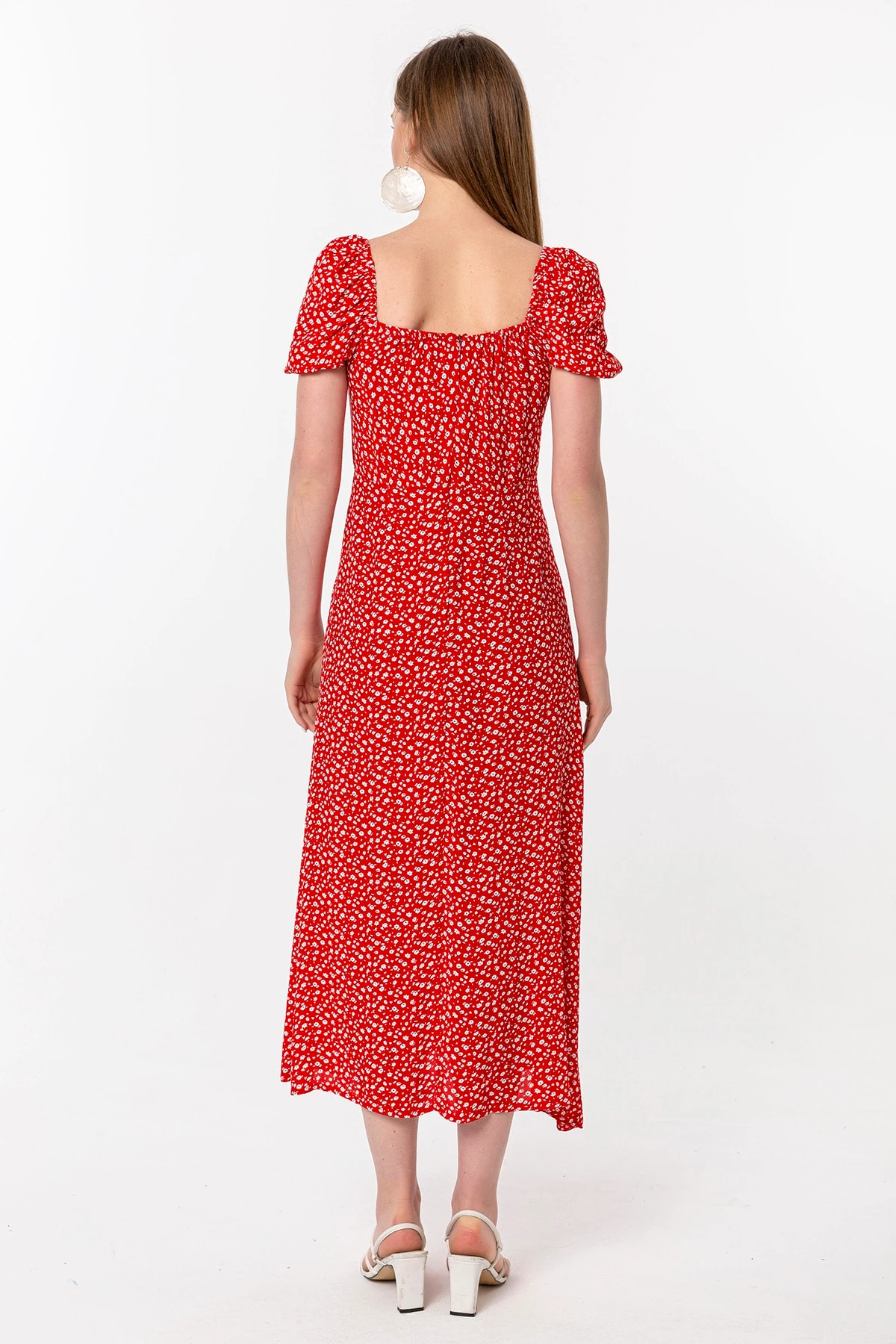 Kırmızı Desenli Yırtmaçlı Elbise