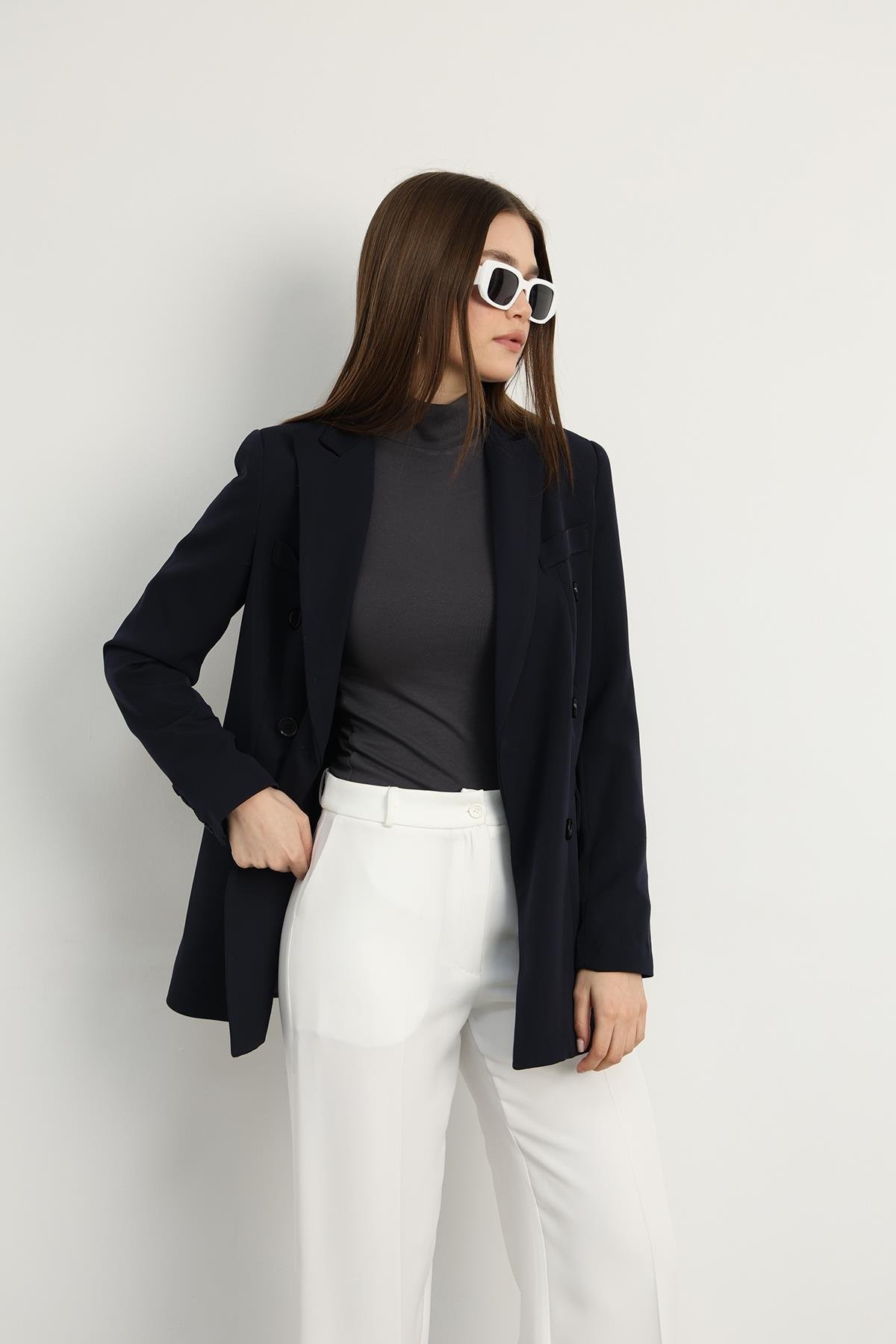 Aria Düğmeli Blazer Ceket Lacivert
