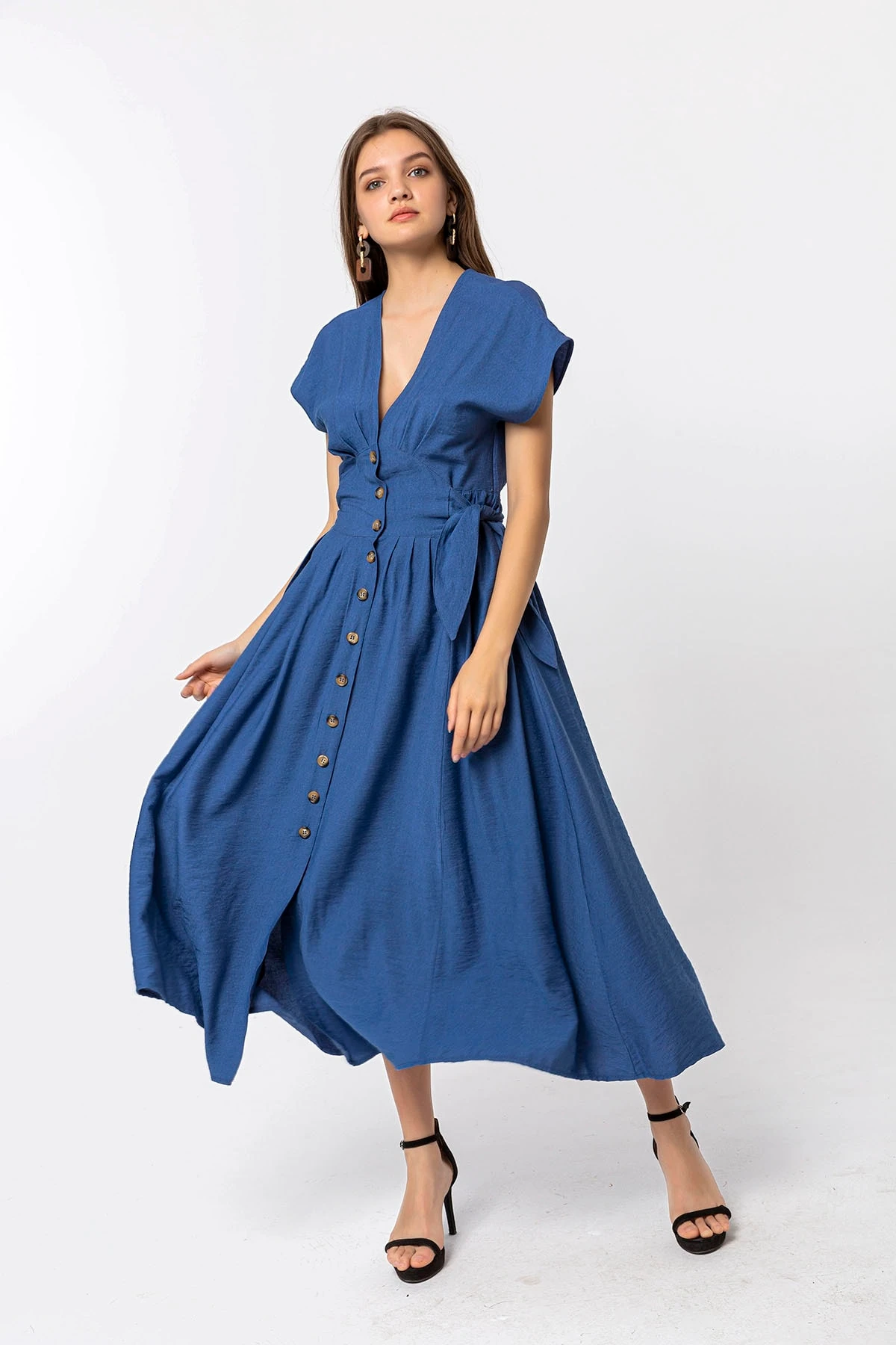 Düğmeli Midi Indigo Elbise