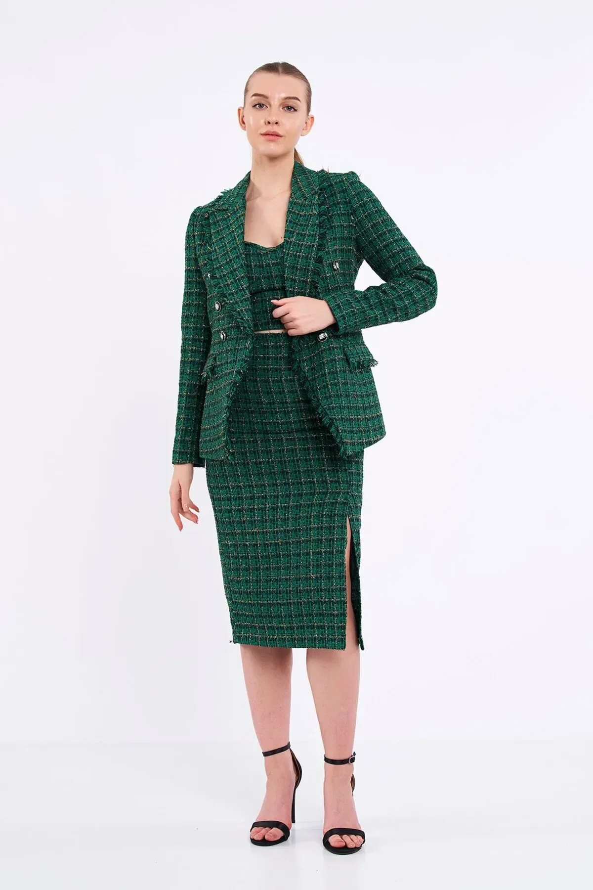 Ekose Simli Yeşil Blazer Ceket