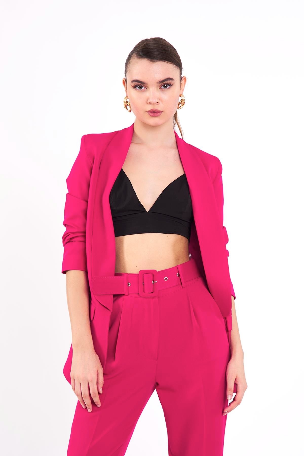 Modern Elegance Kemerli Fuşya Pantolon