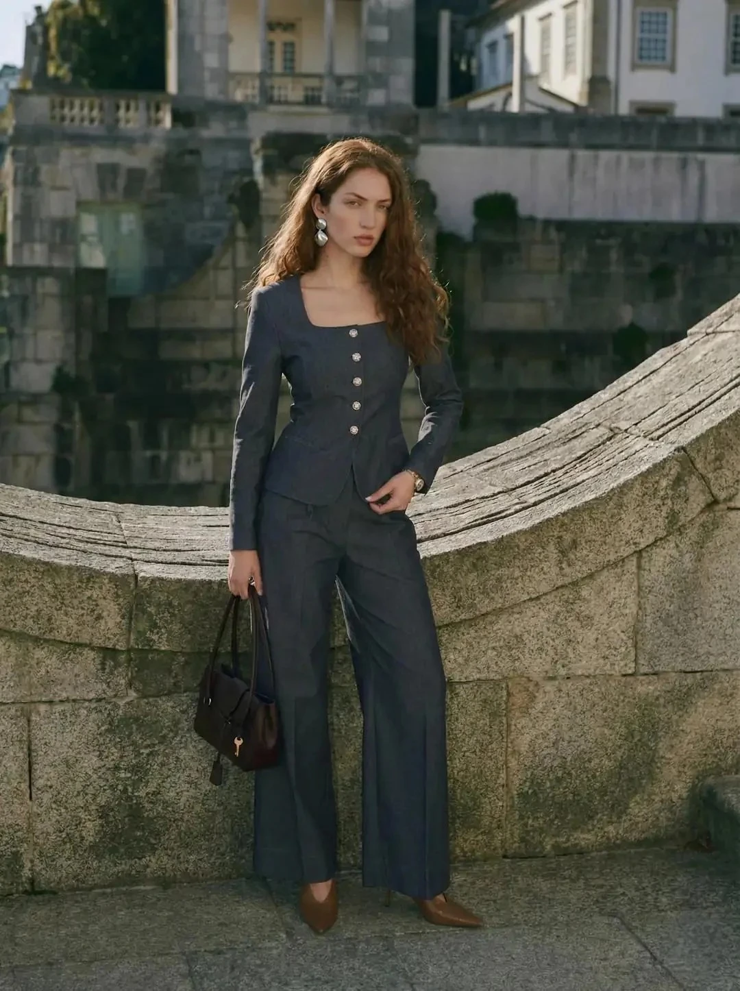 Kare Yaka Kot Ceket Ve Pantolon Takım