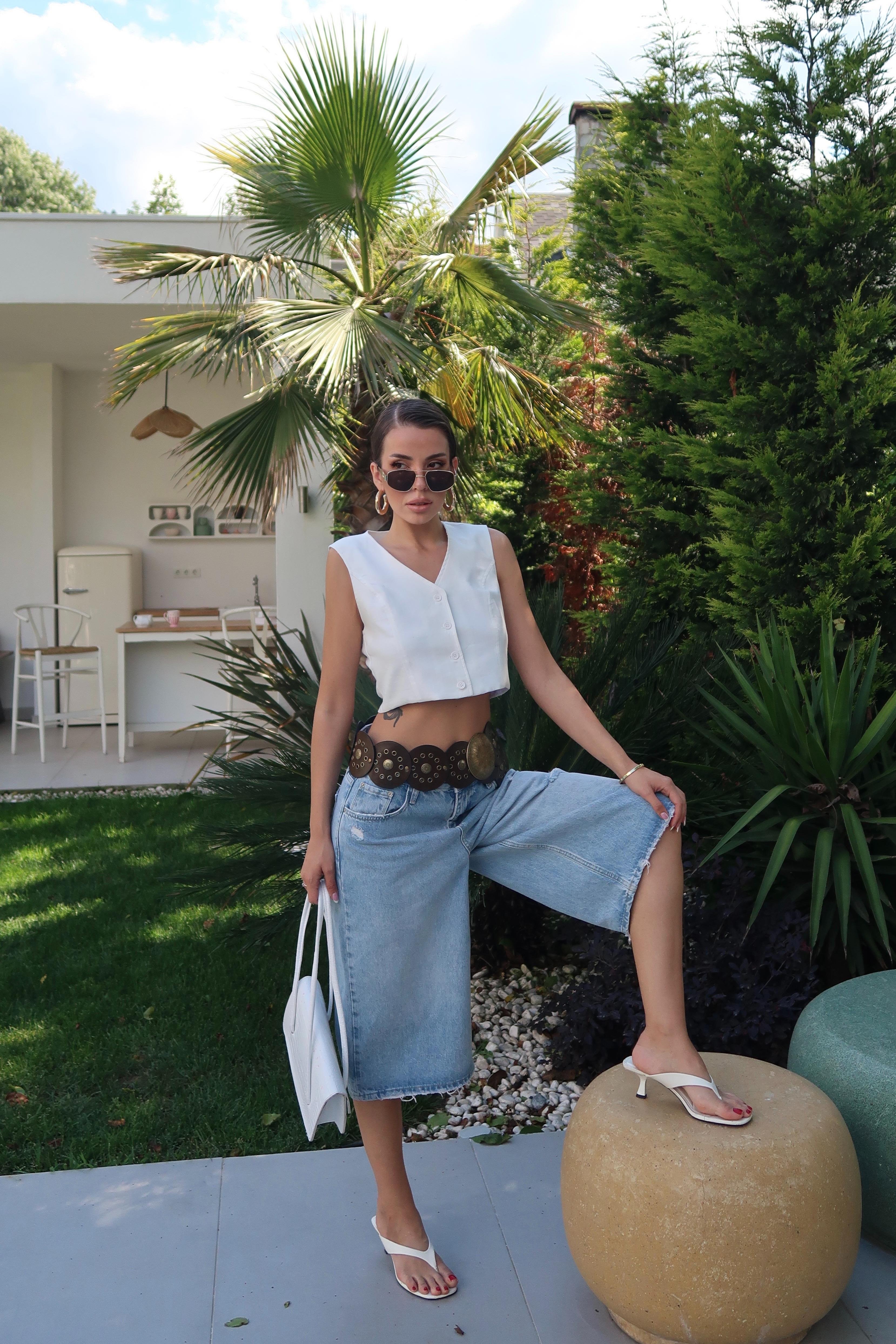 Palma Summer Julie Keten Crop Beyaz Yelek