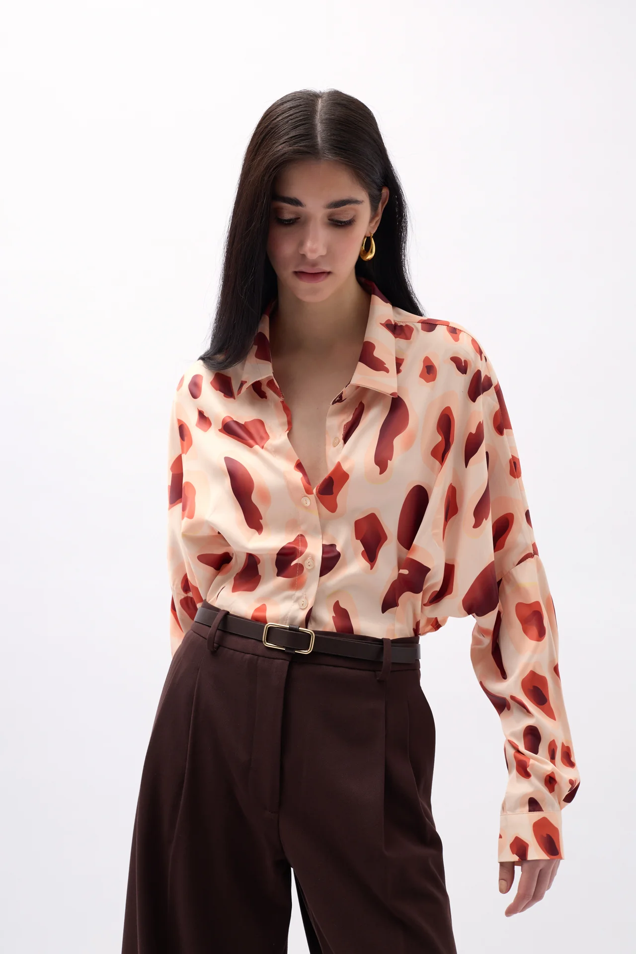 Desenli Crop Gömlek Bej