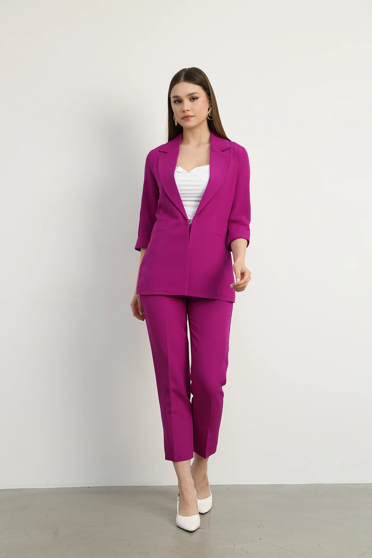 Agraf Detaylı Klasik Ceket ve Kumaş Pantolon Bej - pembe