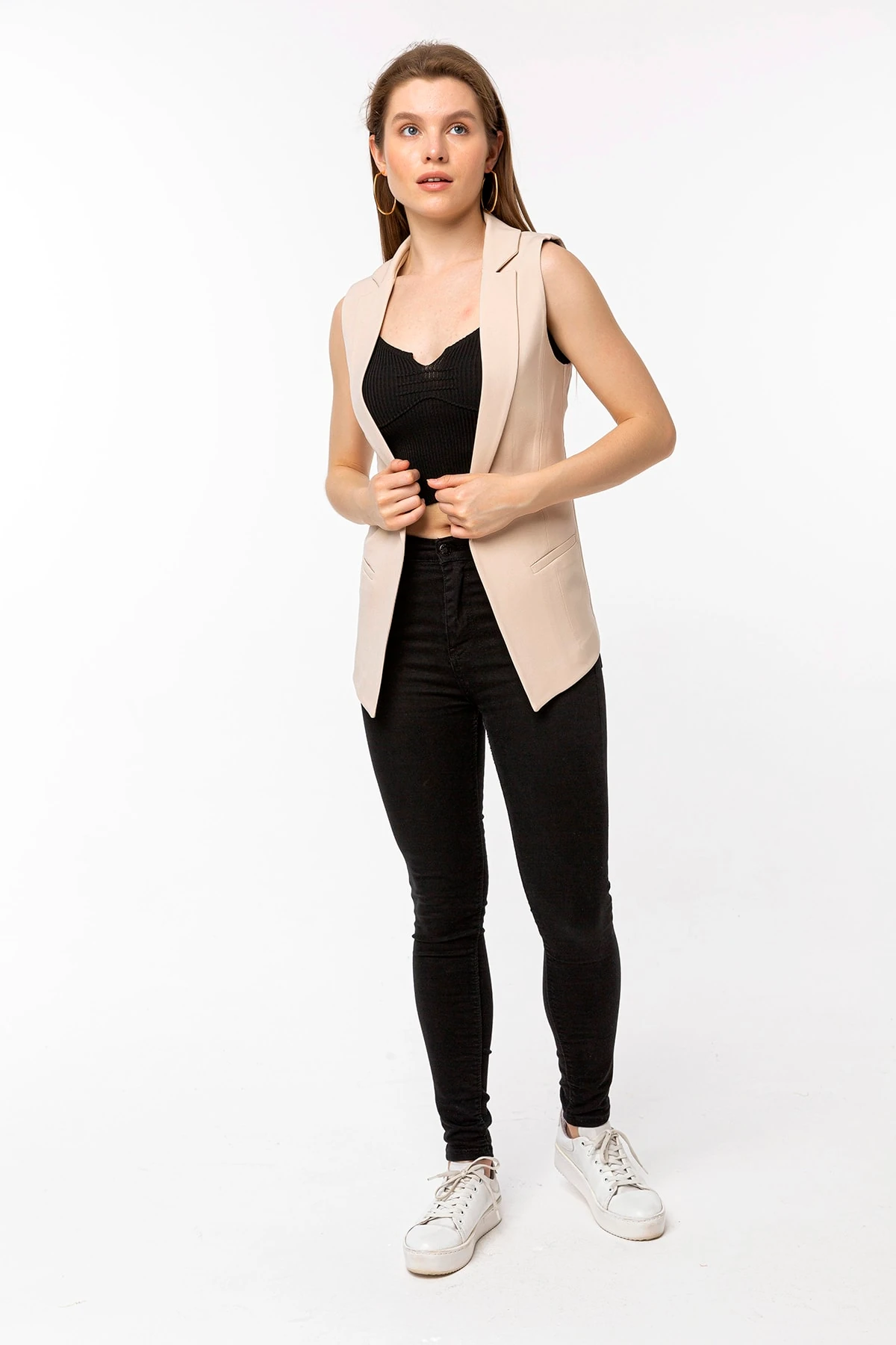 Bej Şifon Detaylı Blazer Kadın Yelek