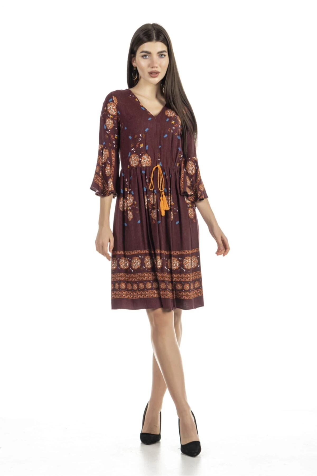 Çiçek Desenli Midi Boy Bordo Elbise