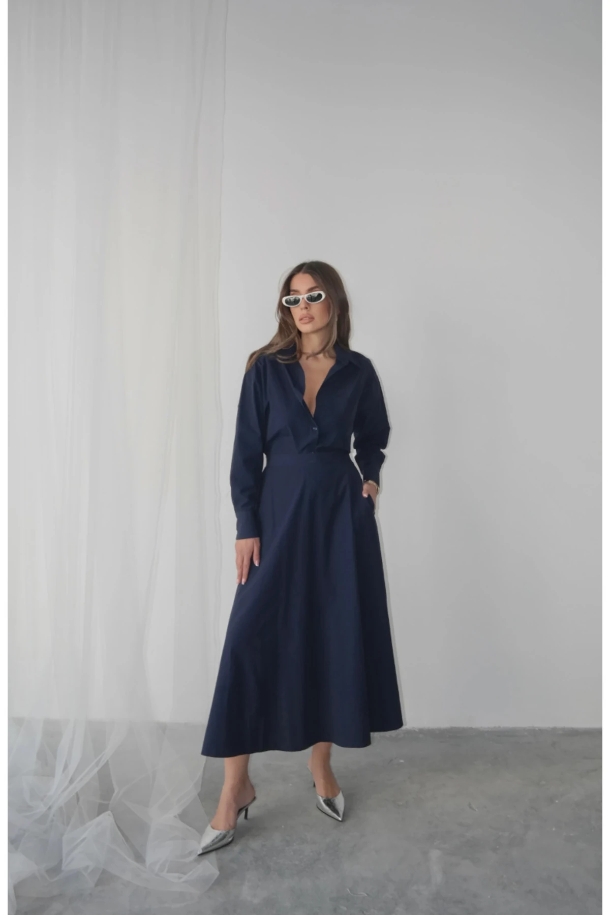 Poplin Kloş Etek ve Oversize Gömlek Lacivert