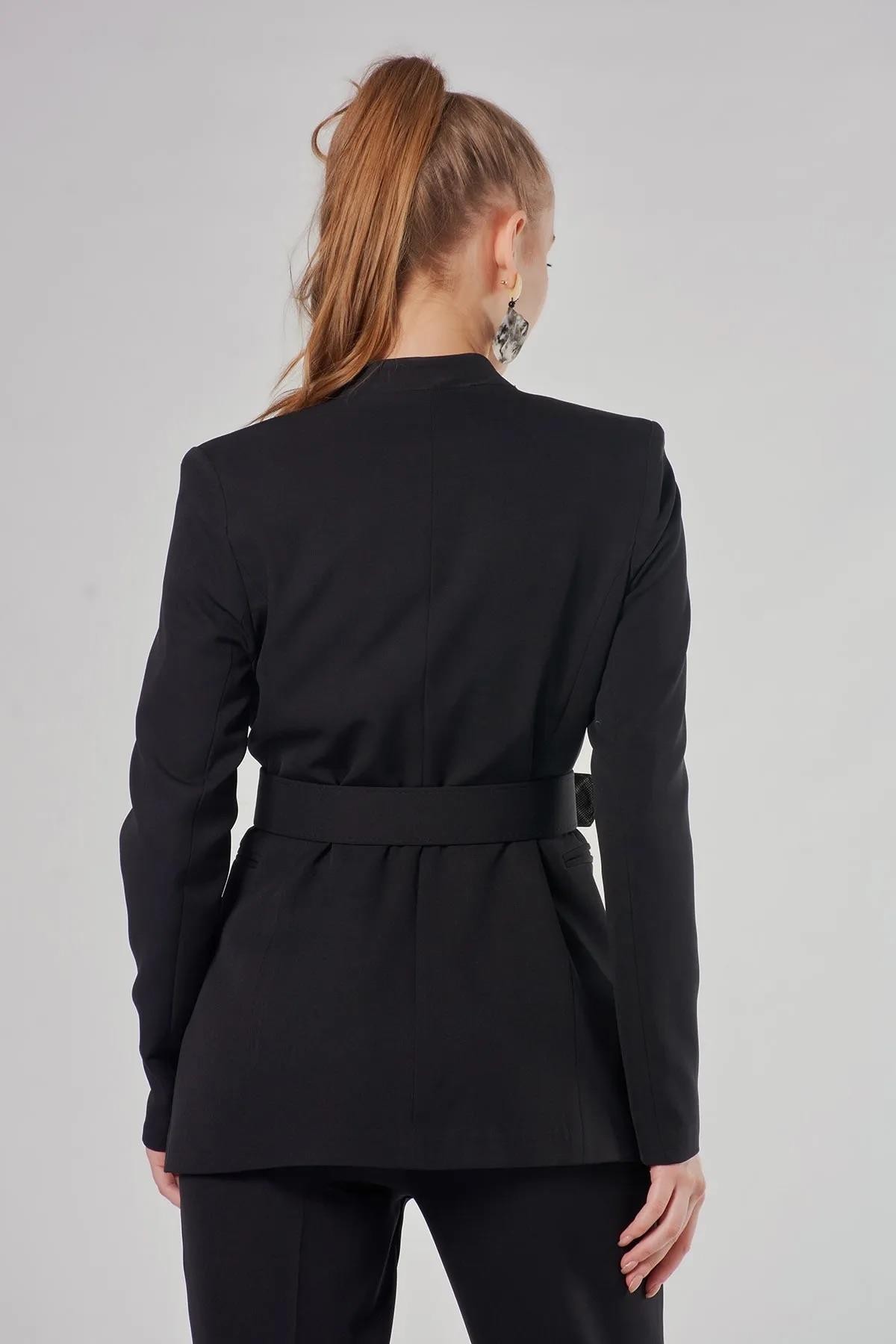 Kemerli Siyah Kadın Blazer Ceket