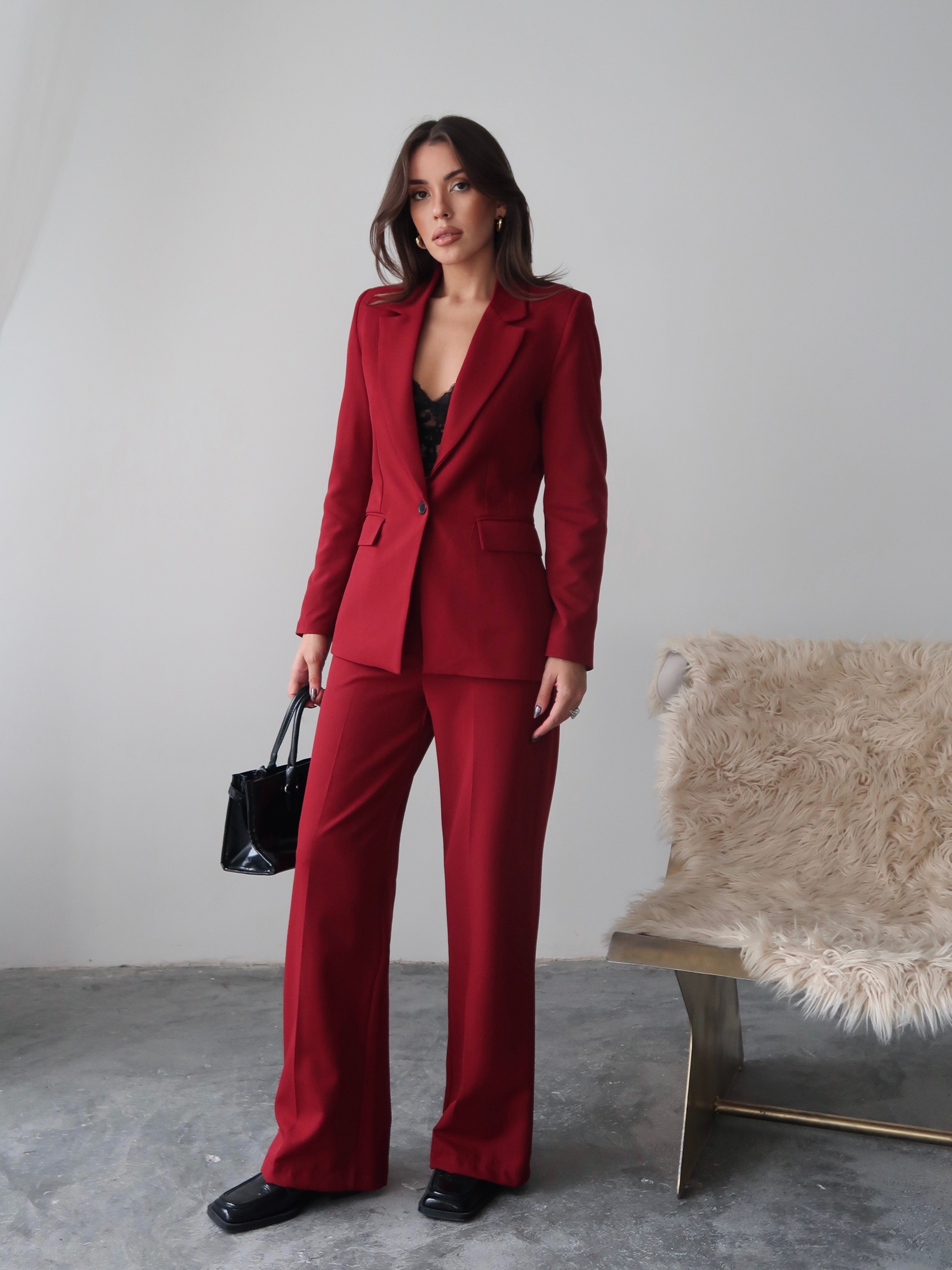 Bordo Düz Paça Klasik Blazer Ceket ve Kumaş Pantolon Takım