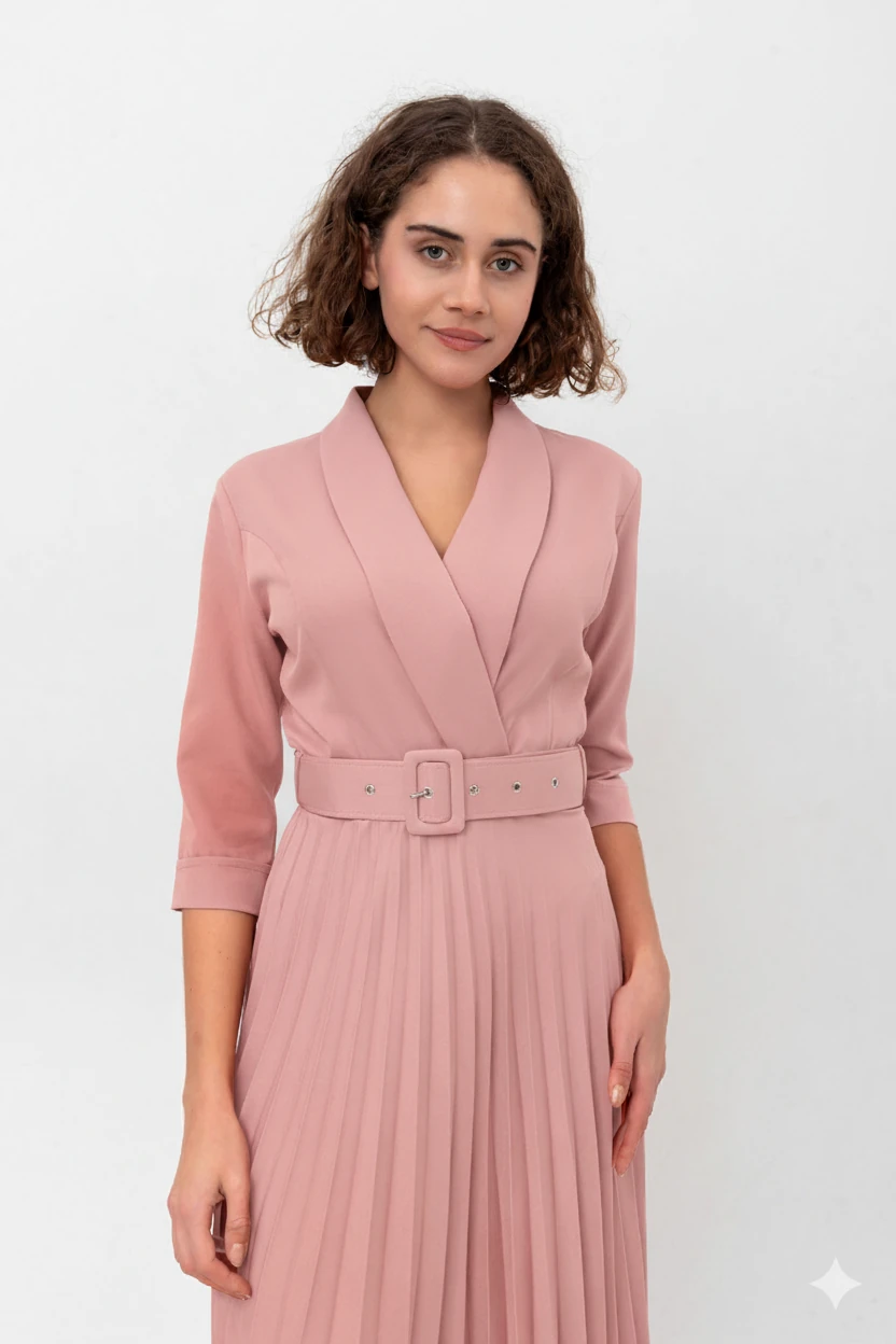 Kruvaze Yakalı Truvakar Kol Kloş Elbise