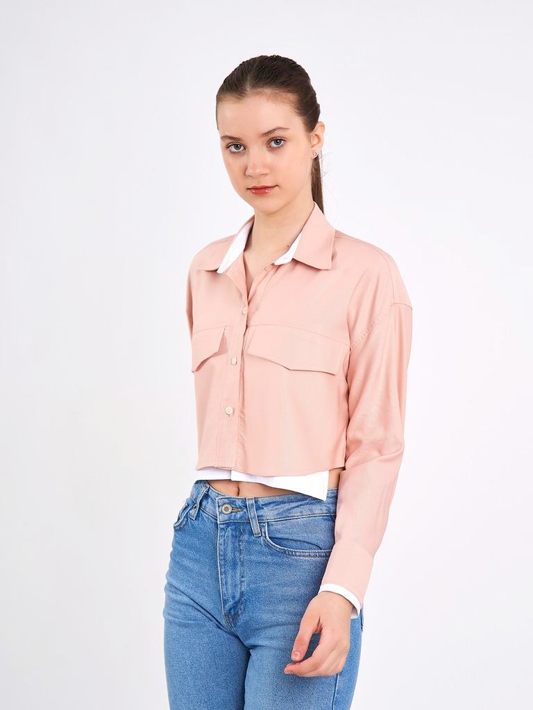 Crop Cepli Pembe Gömlek
