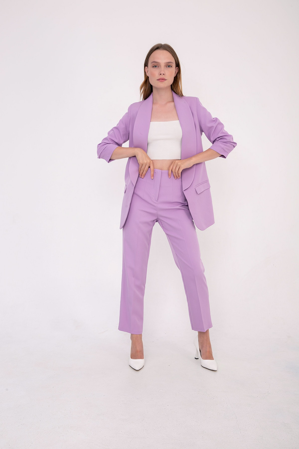 Mia Kolu Büzgülü Blazer Ceket Lila