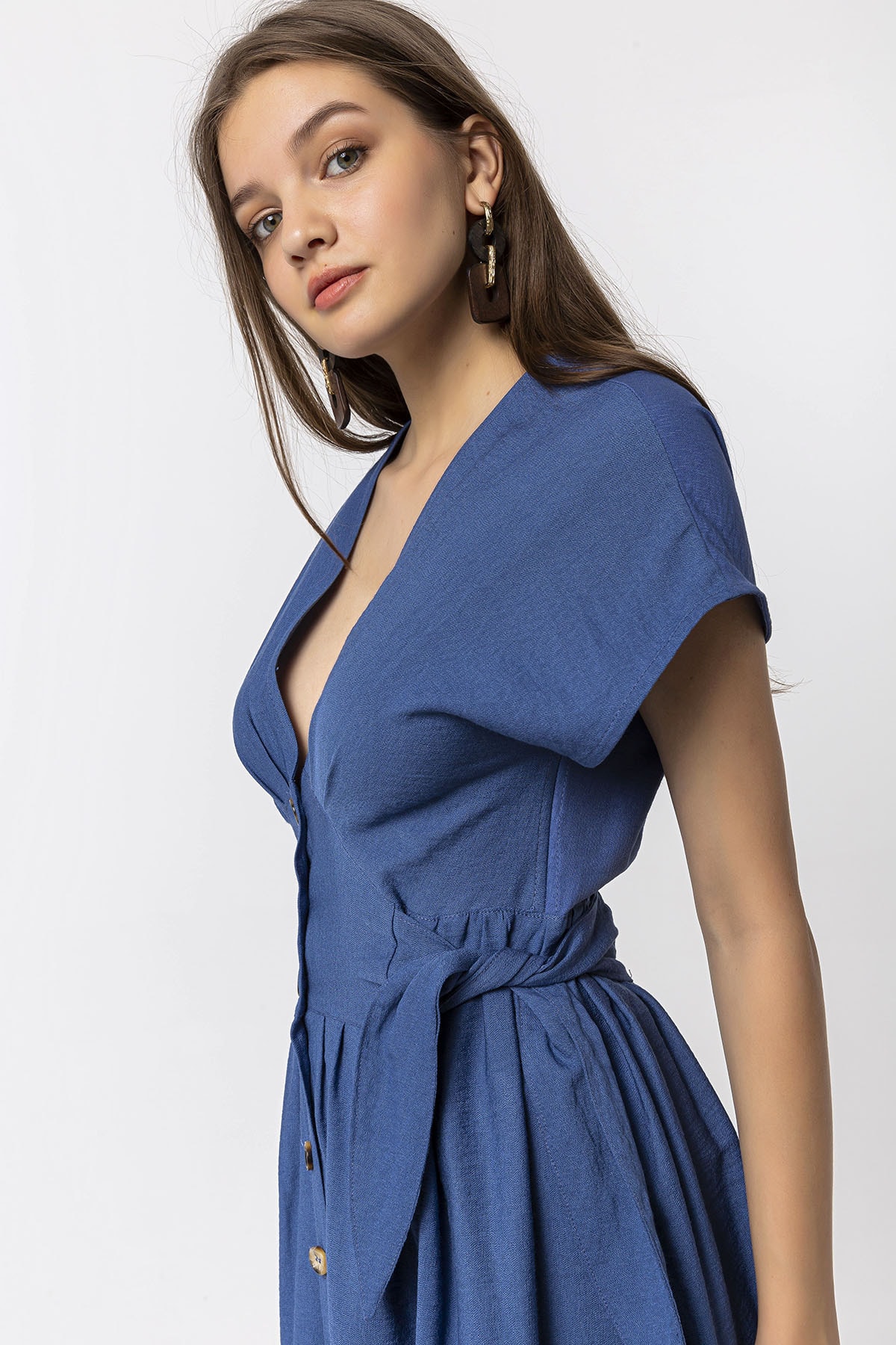 Düğmeli Midi Indigo Elbise