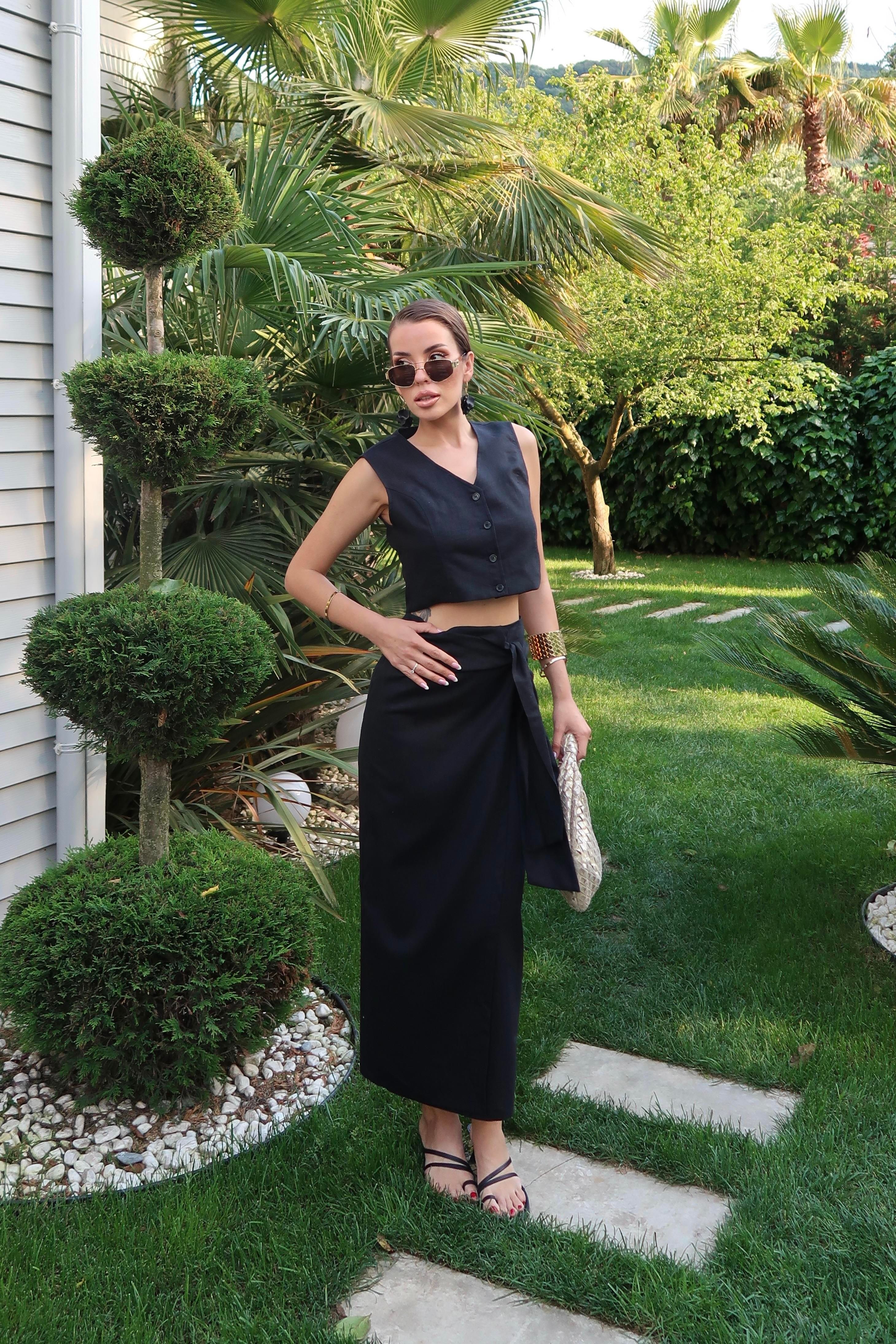 Palma Summer Holly Keten Anvelop Etek Siyah