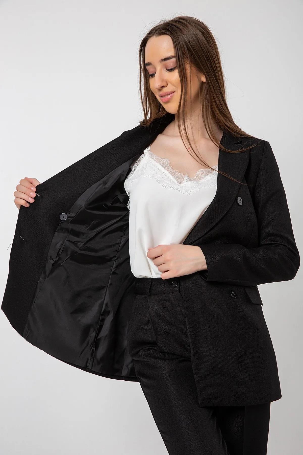Keten Görünümlü Blazer Ceket Siyah