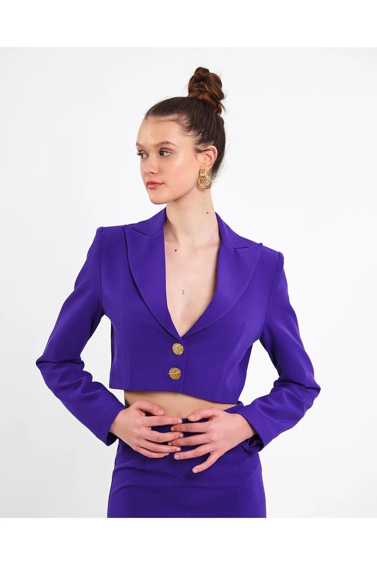 Crop Blazer Ceket Mor