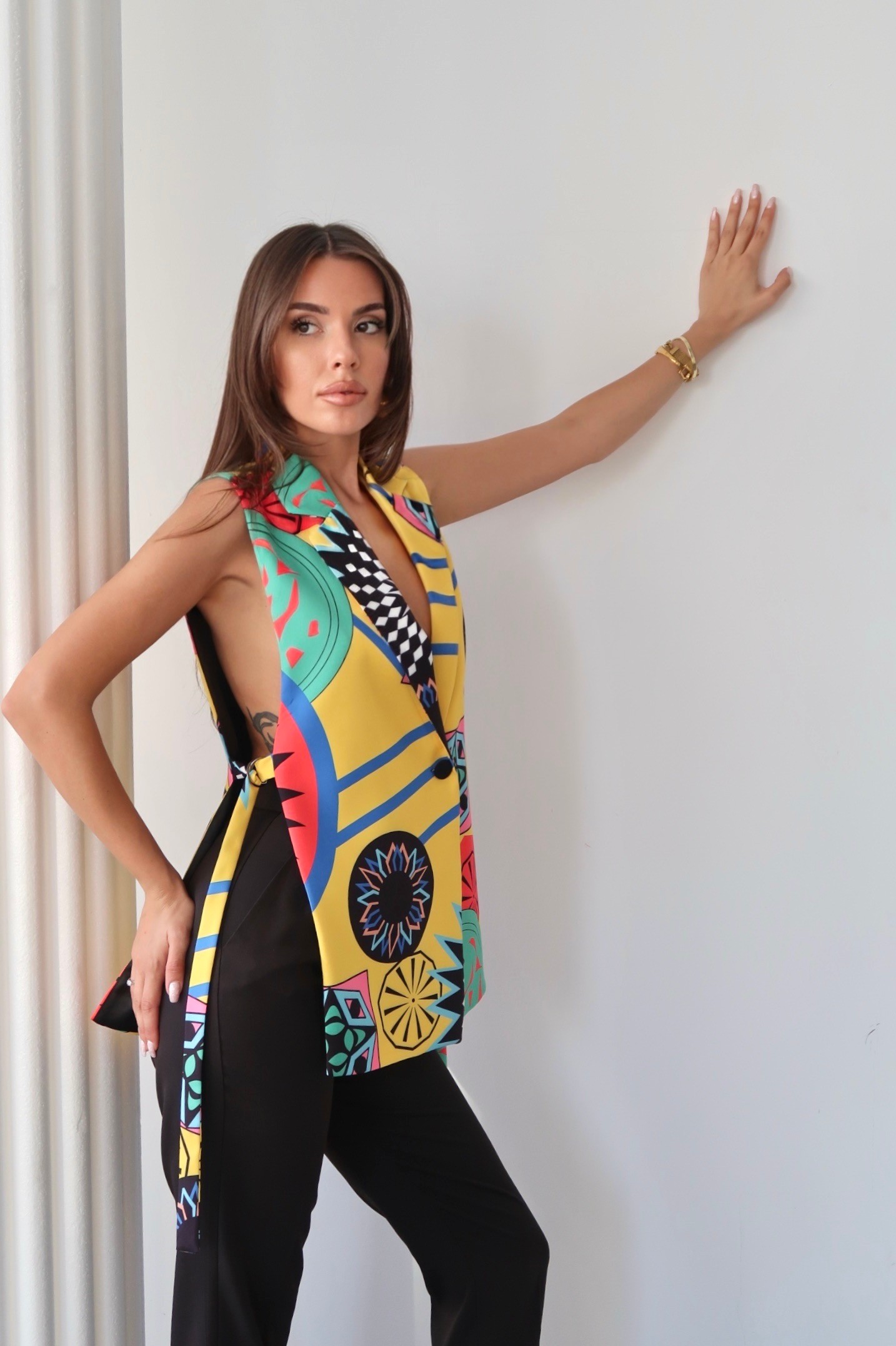 Sarı Etnik Desenli D Toka Detaylı Yelek ve Pantolon