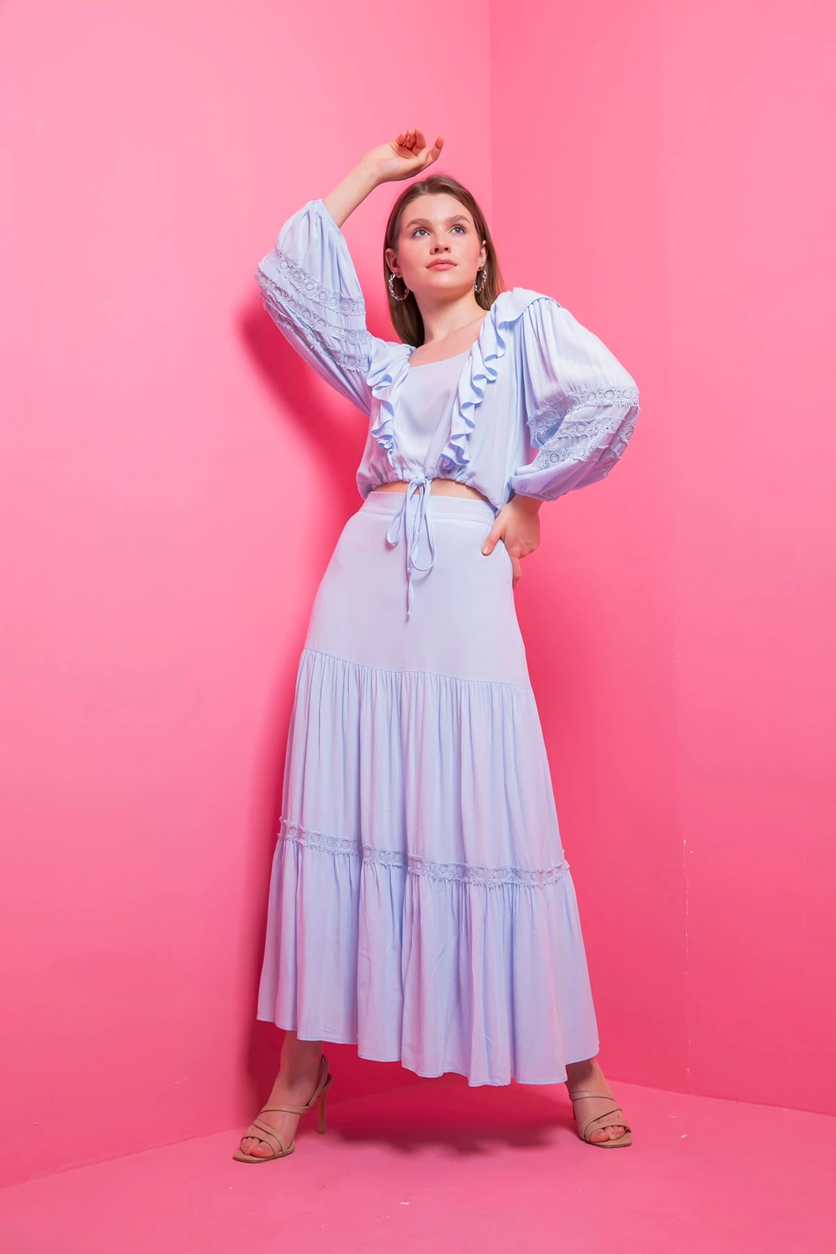 Dantel Detaylı Bluz Etek Mavi Takım