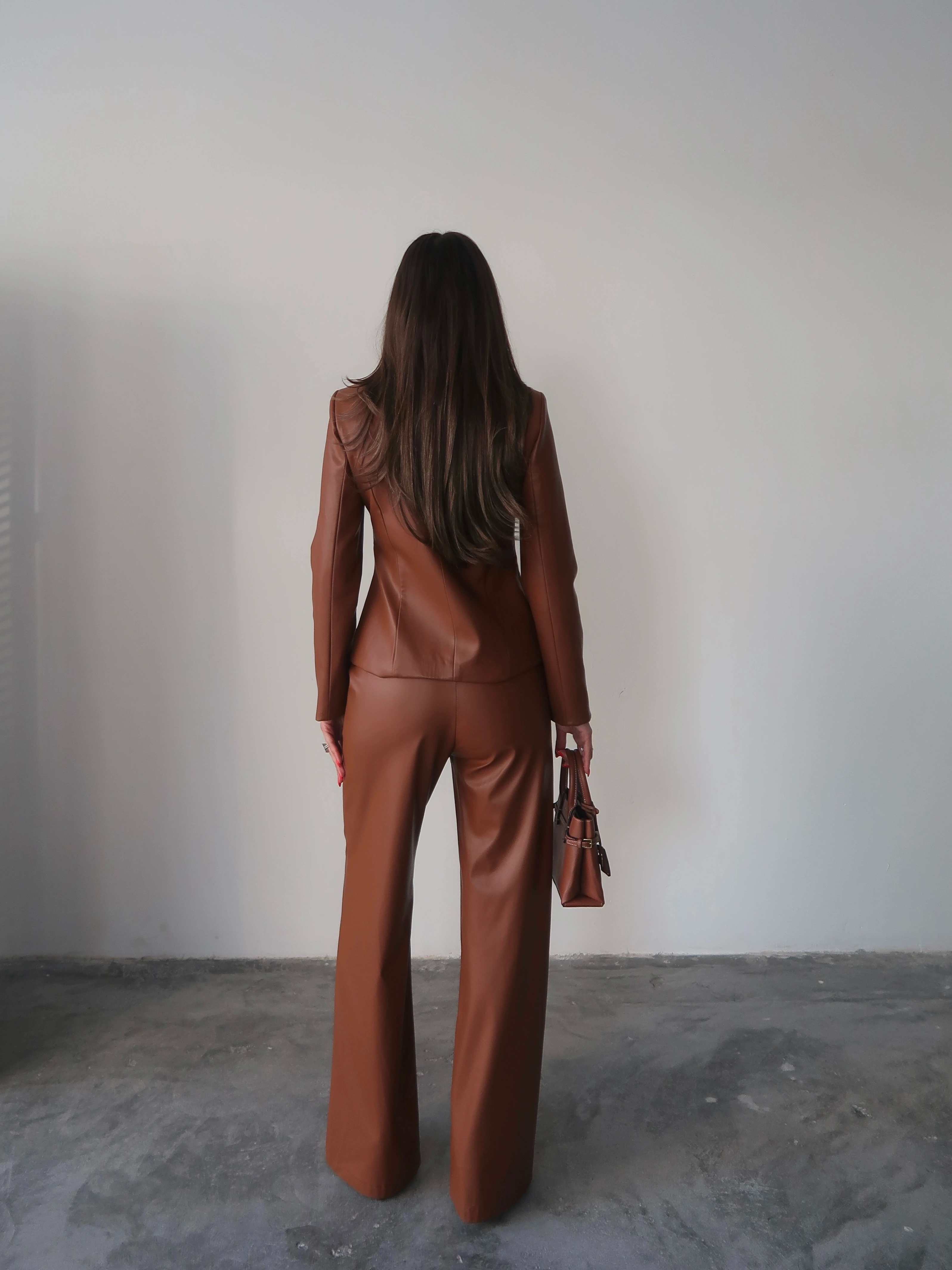 Jane Button Leather Tailored Suit Kahverengi