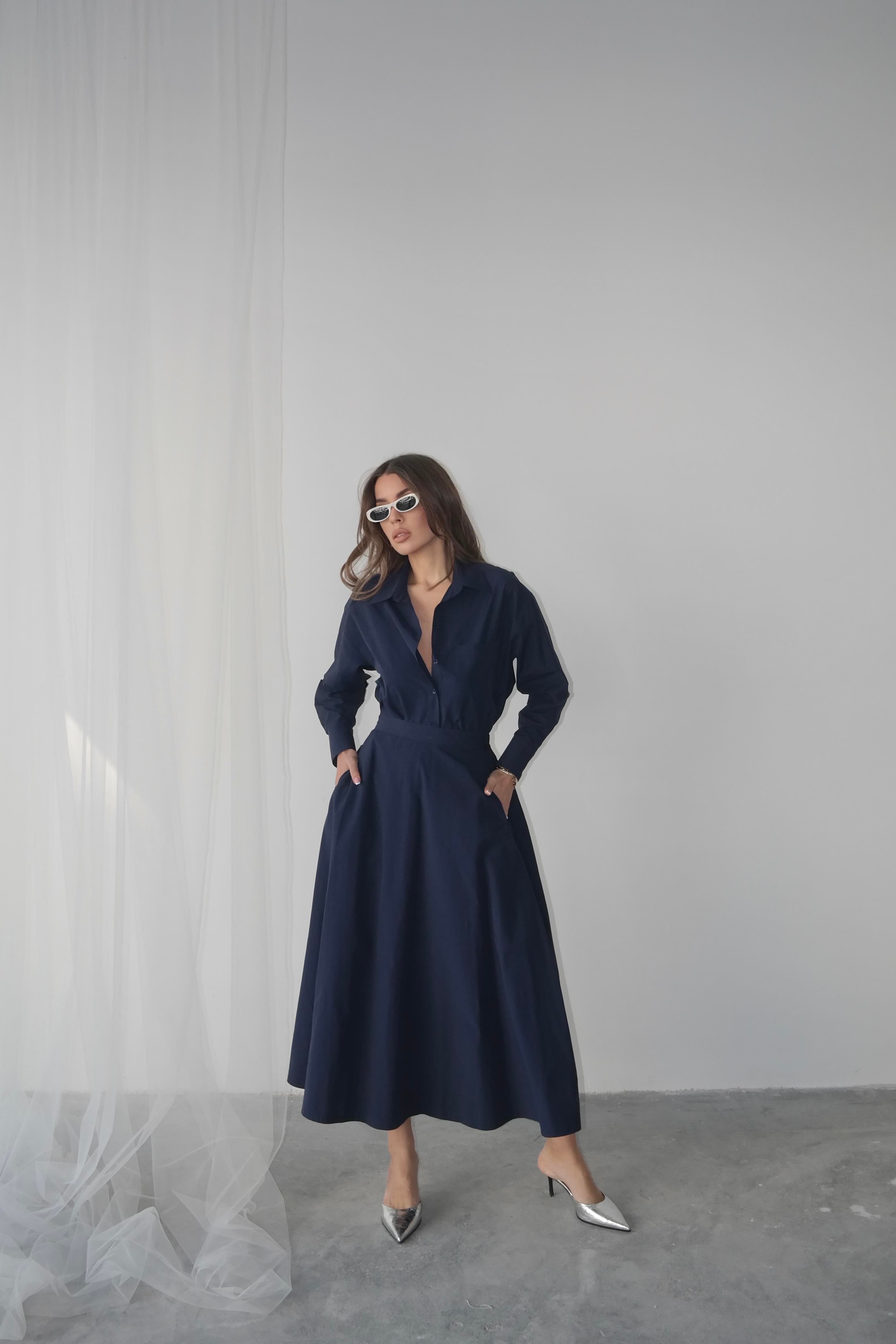 Oversize Düğmeli Kısa Gömlek Lacivert