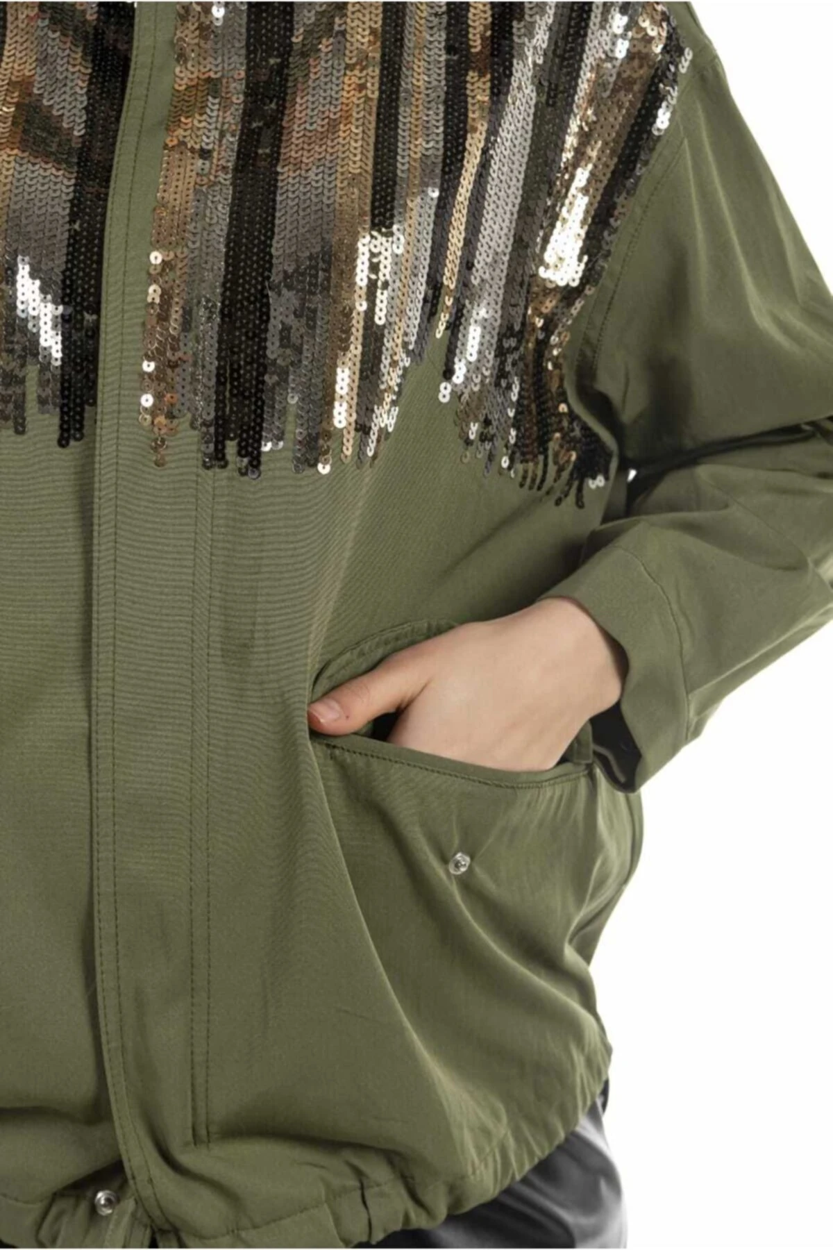 Kadın Haki Payetli Yağmurluk