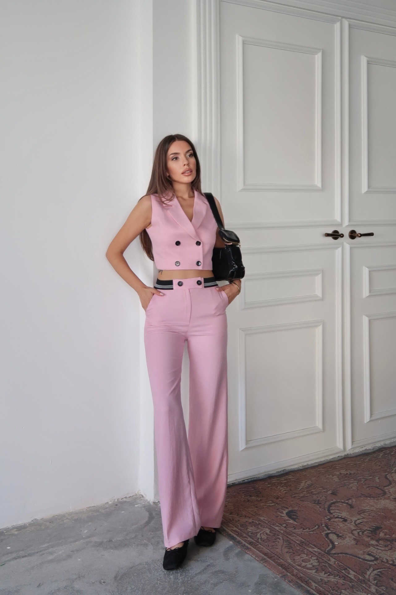 Vesta Yelek-Pantolon Takım Keten Pembe
