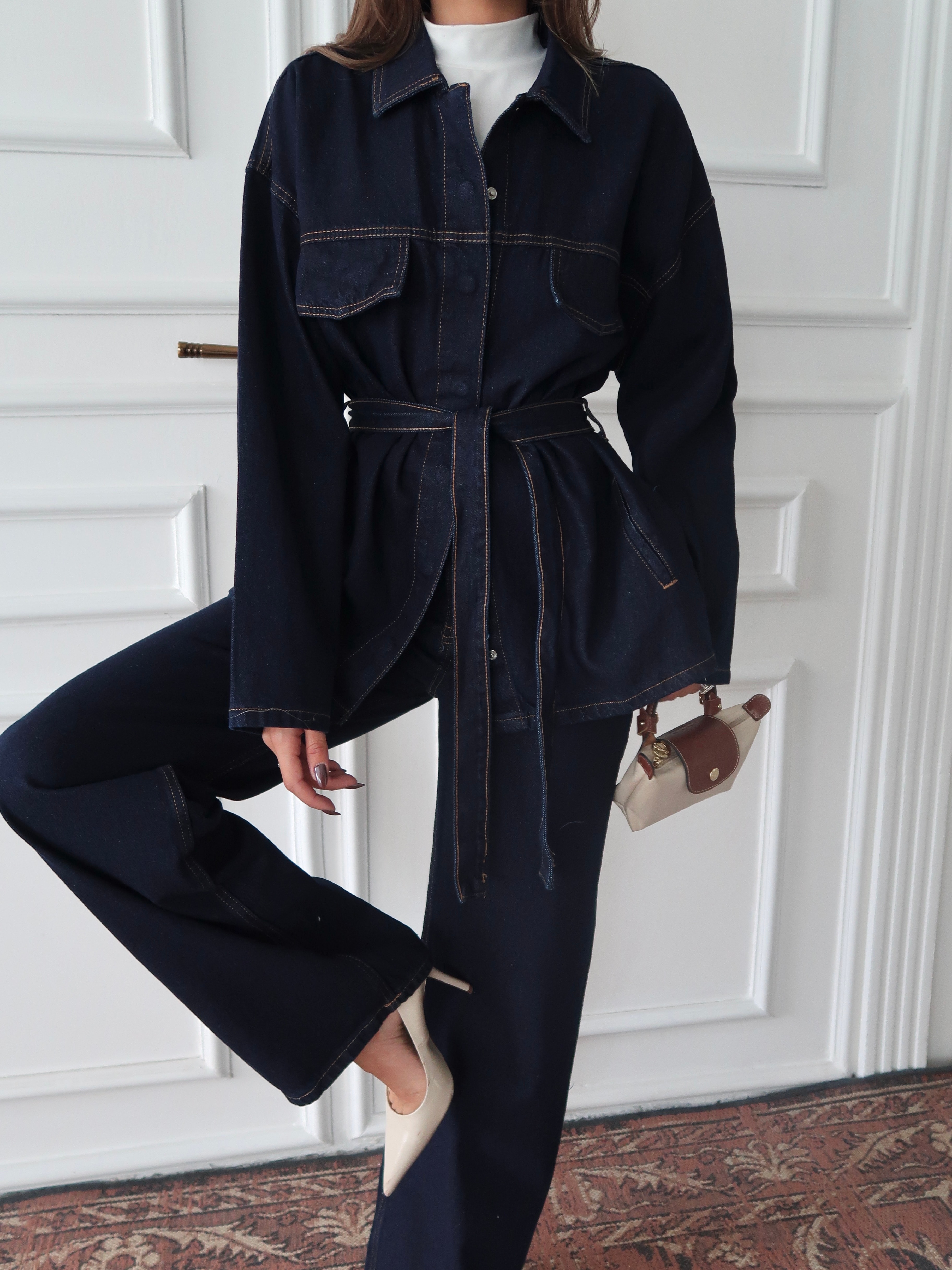 Lacivert Kemerli Geniş Paça Denim Takım