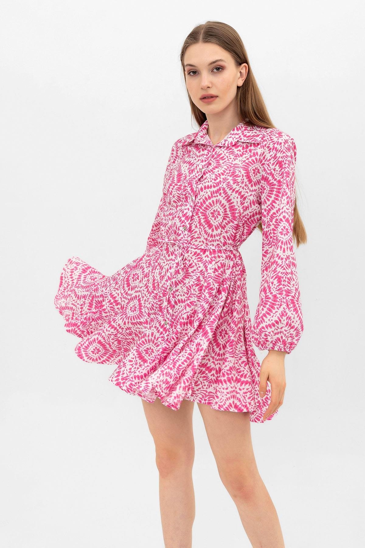 Pembe Desenli Mini Gömlek Elbise