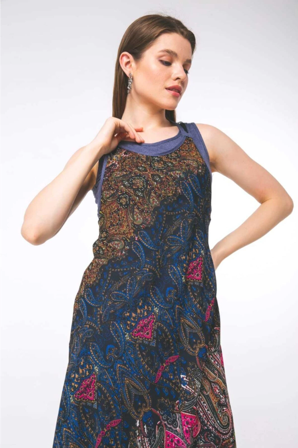 Etnik Desenli Ikili Asimetrik Elbise