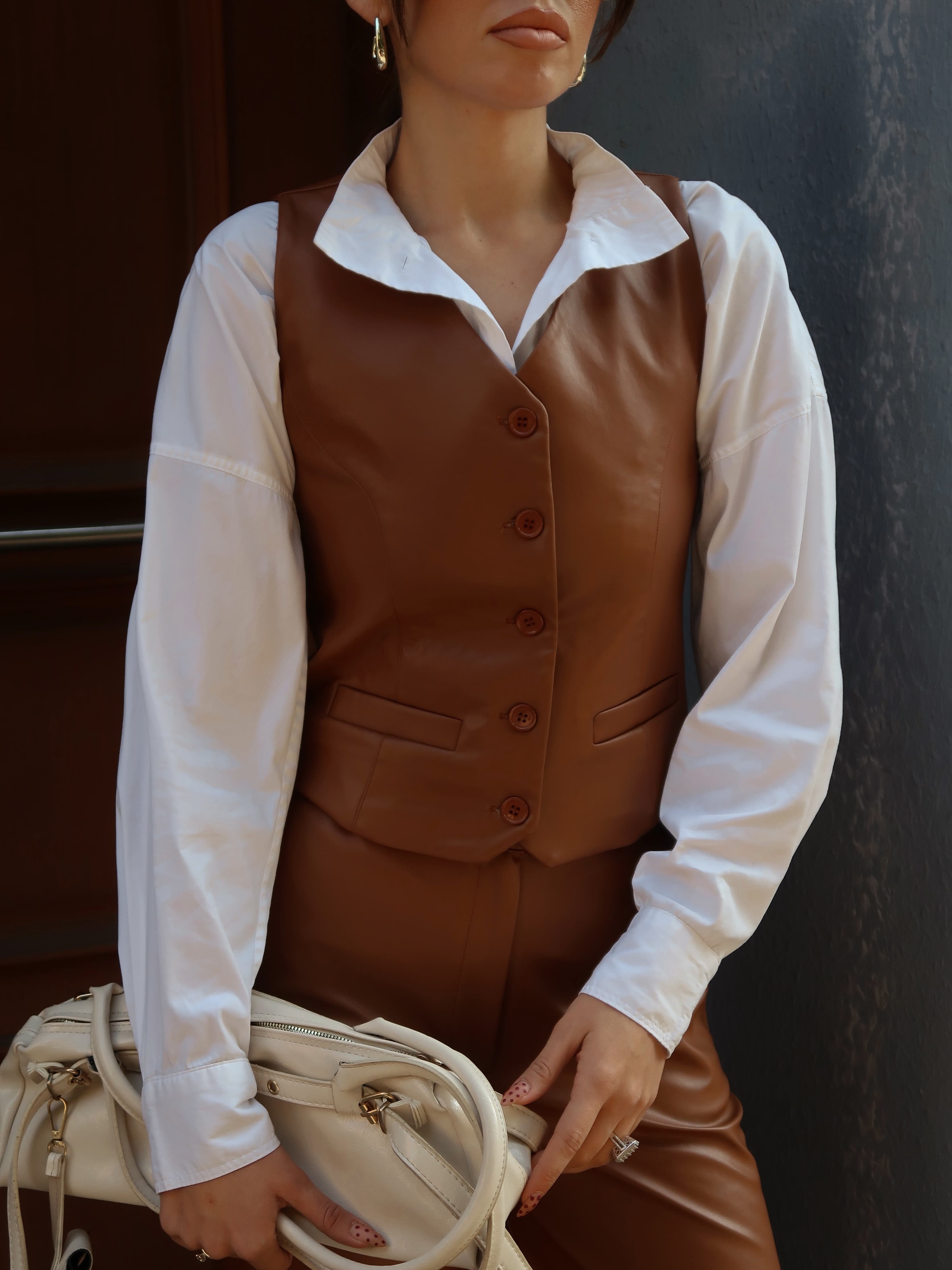 İris Deri Yelek Kahverengi