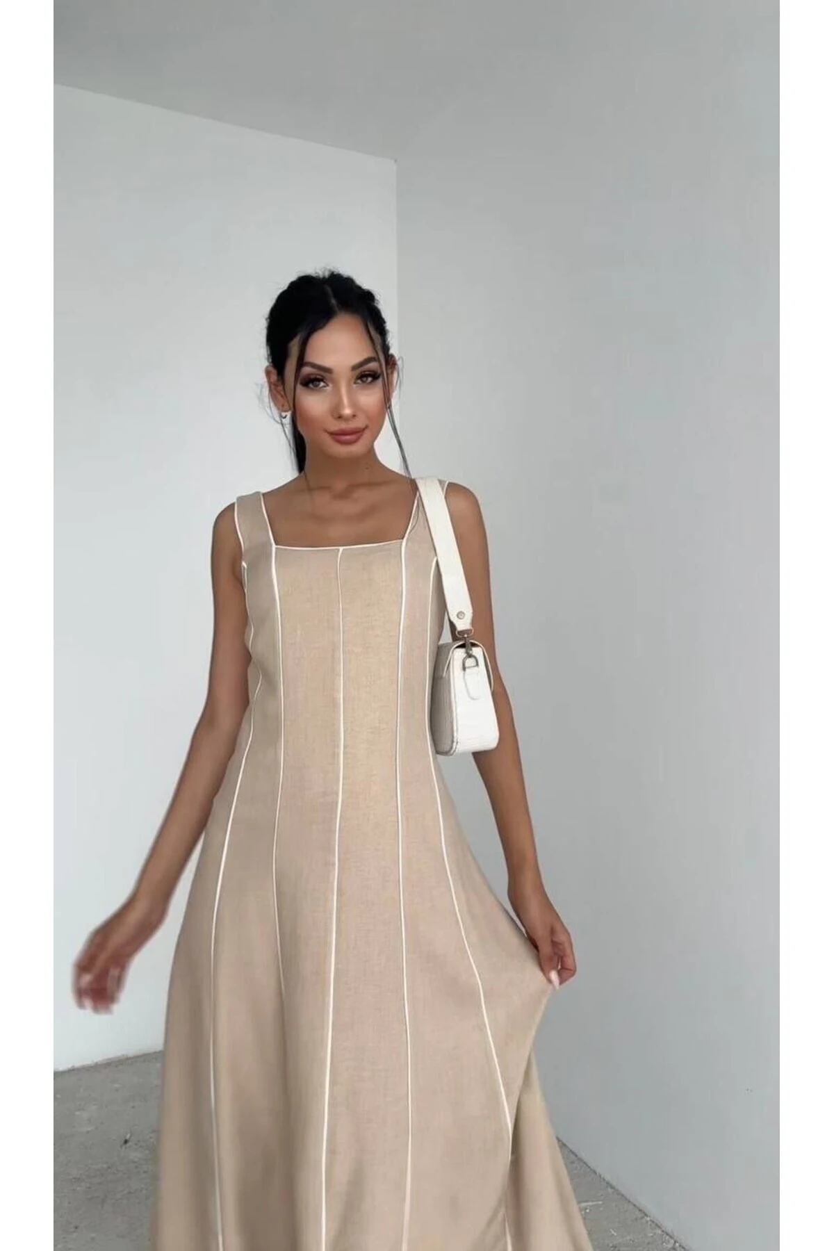 Kadın Biye Detaylı Astarlı Keten Elbise