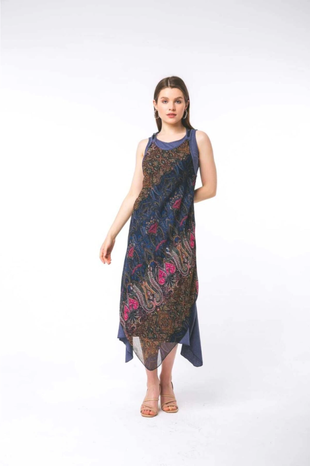 Etnik Desenli Ikili Asimetrik Elbise