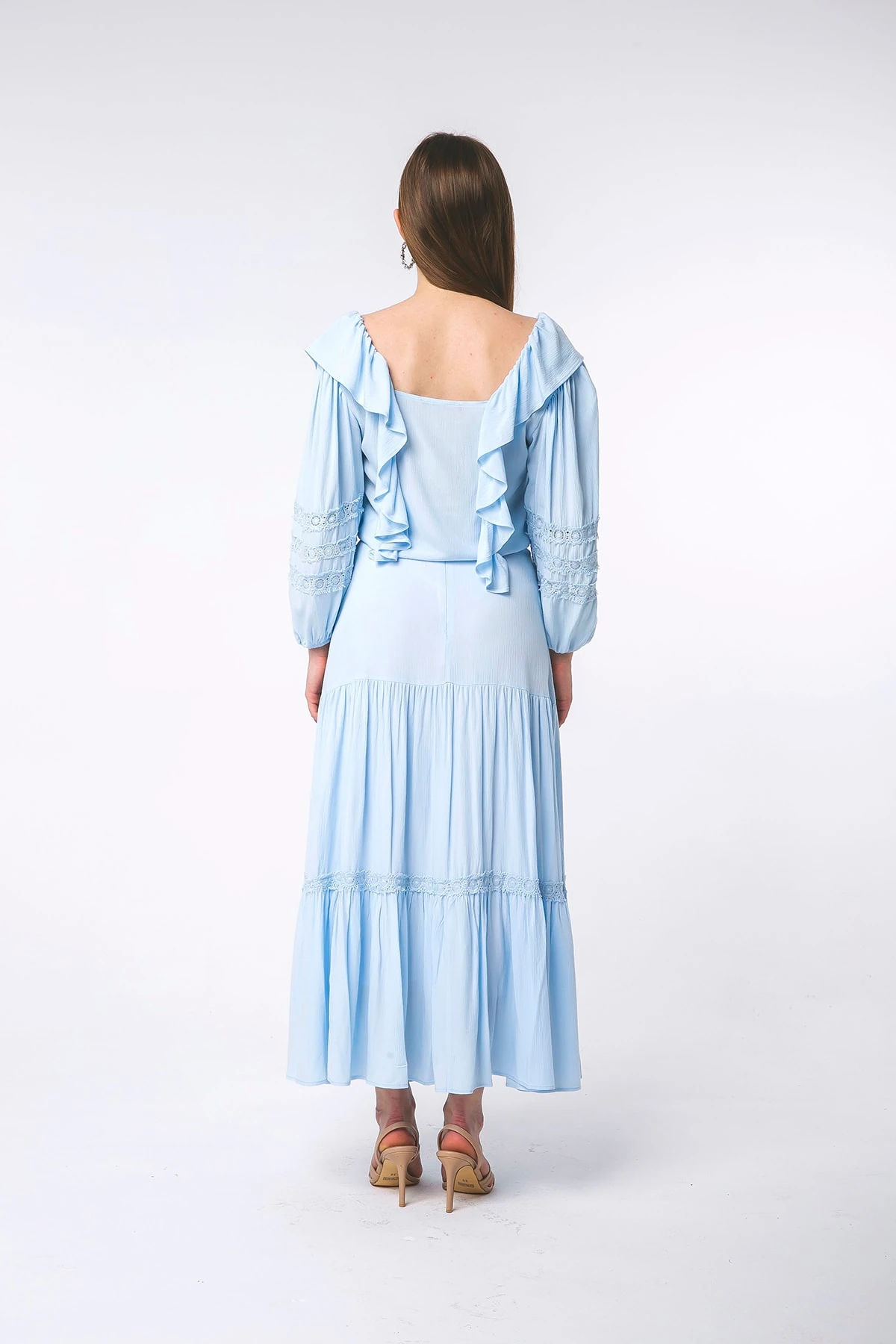 Dantel Detaylı Bluz Etek Mavi Takım